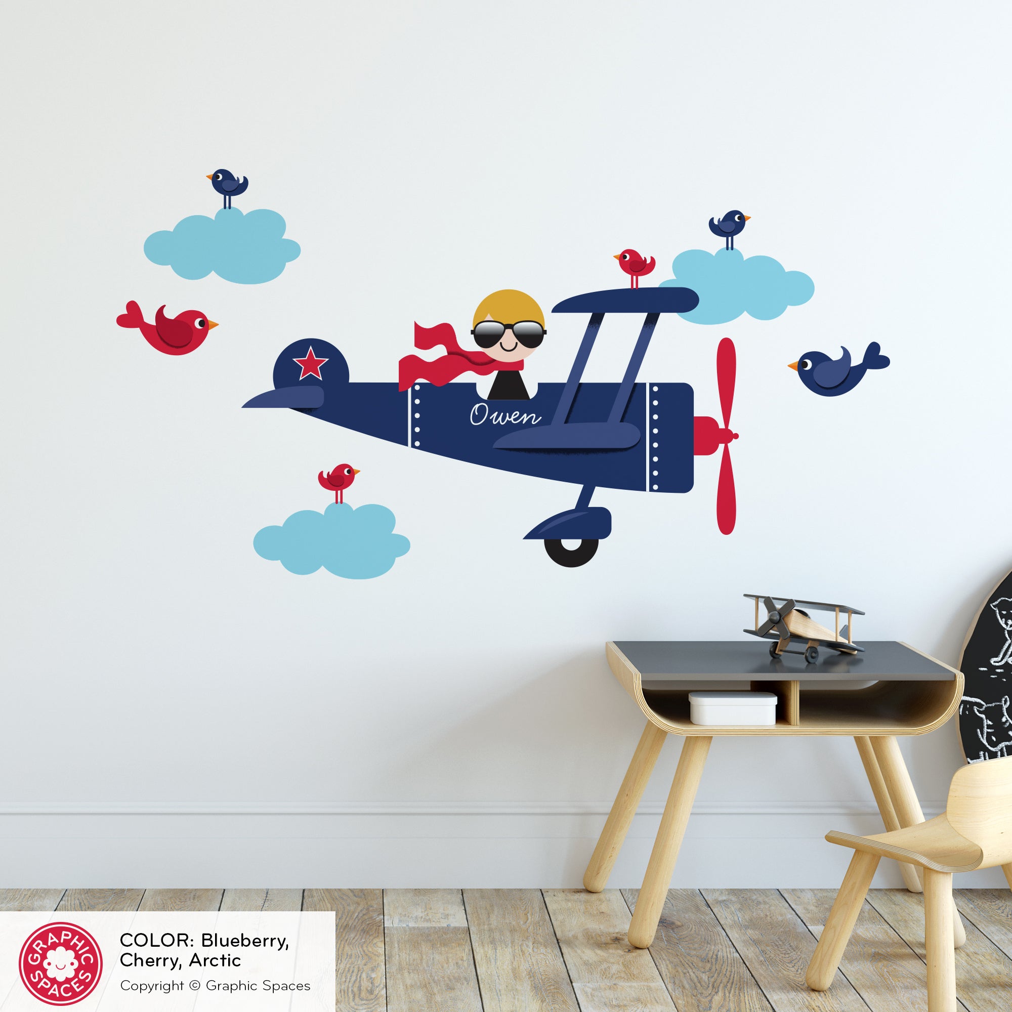 Airplane Boy Skywriter Name Nursery Fabric Wall Decal - Reusable