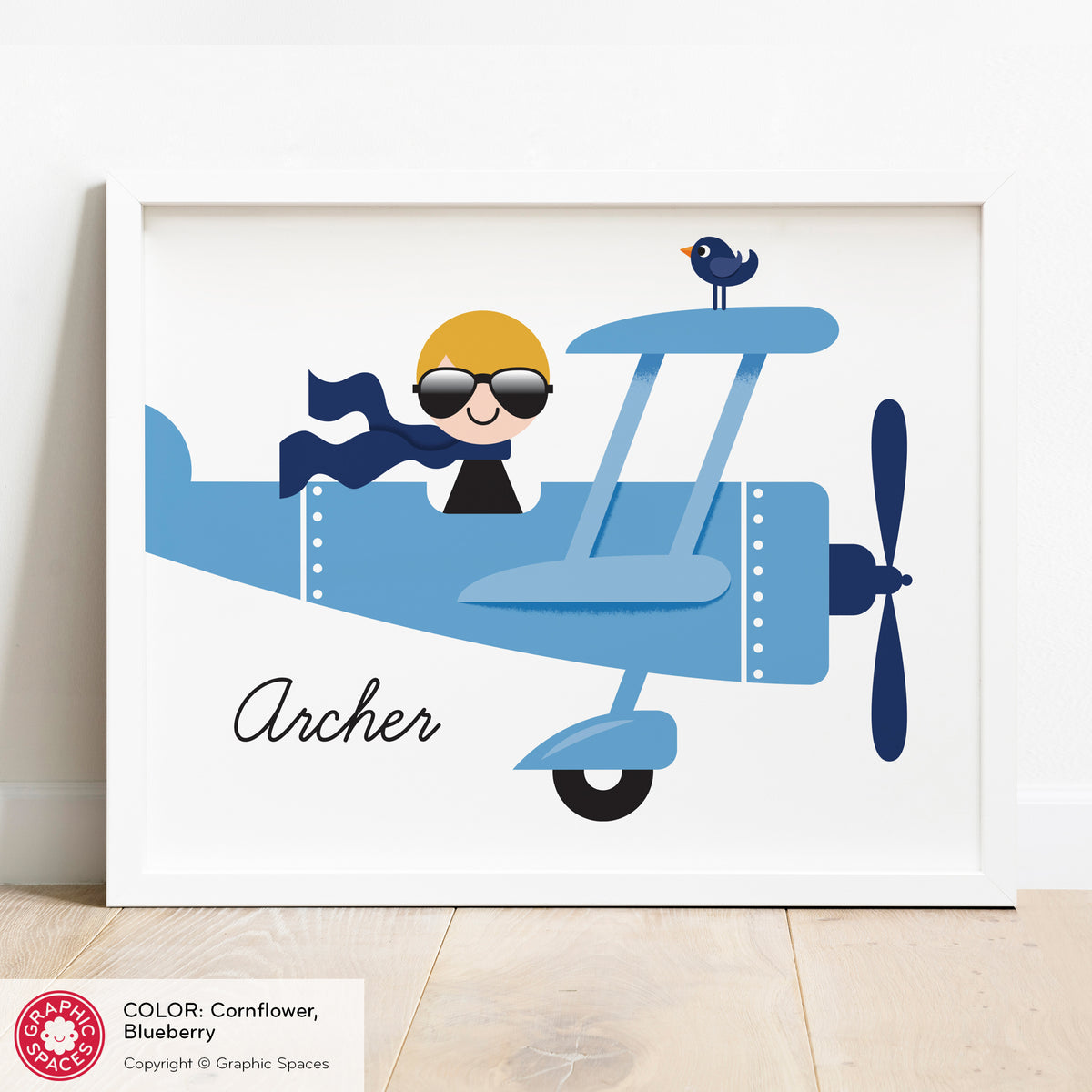 Airplane Boy personalized art print in sample frame.