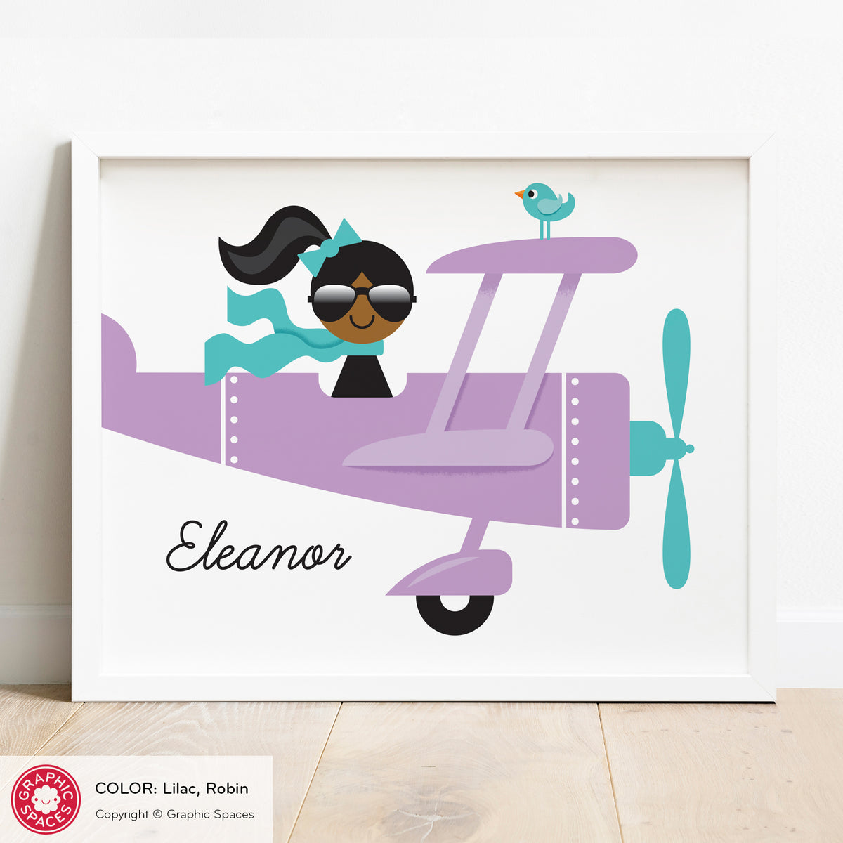 Airplane nursery art print, personalized girl.