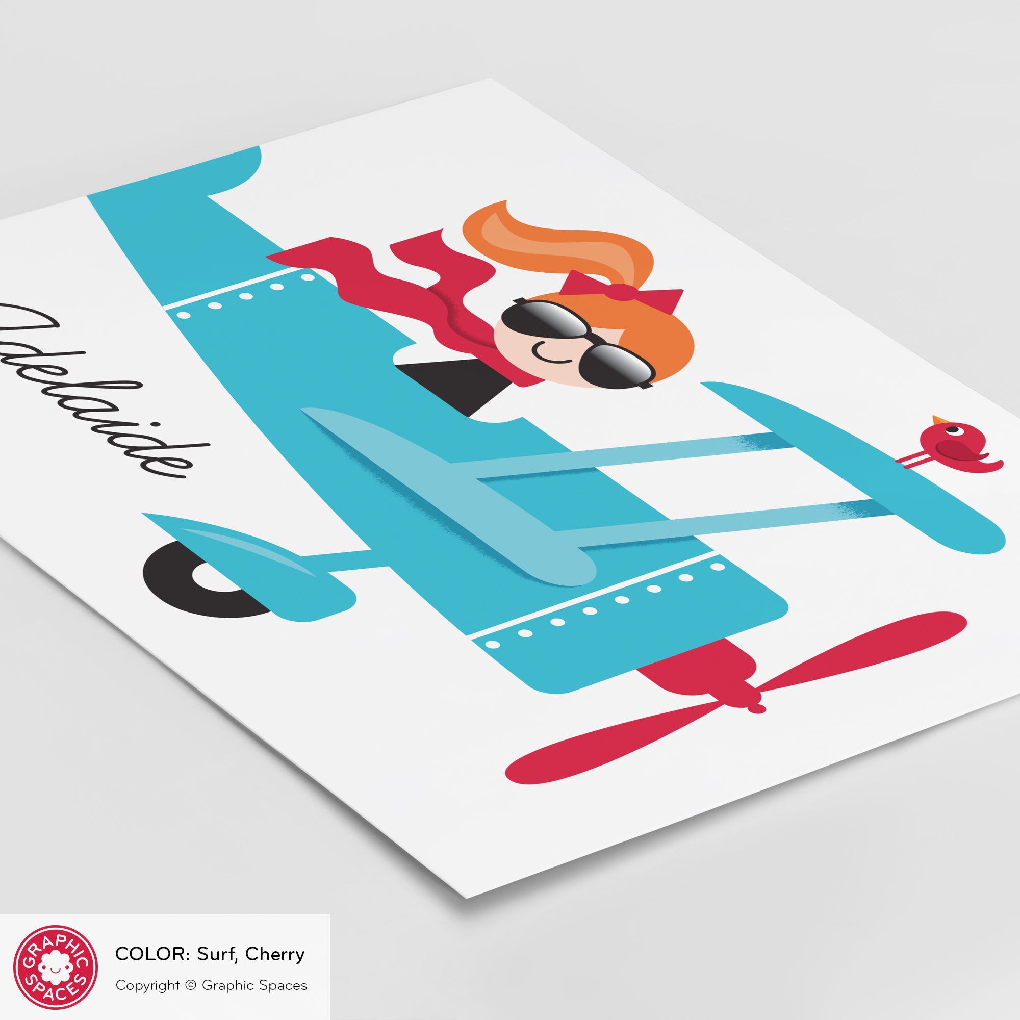 Airplane nursery art print, personalized girl.