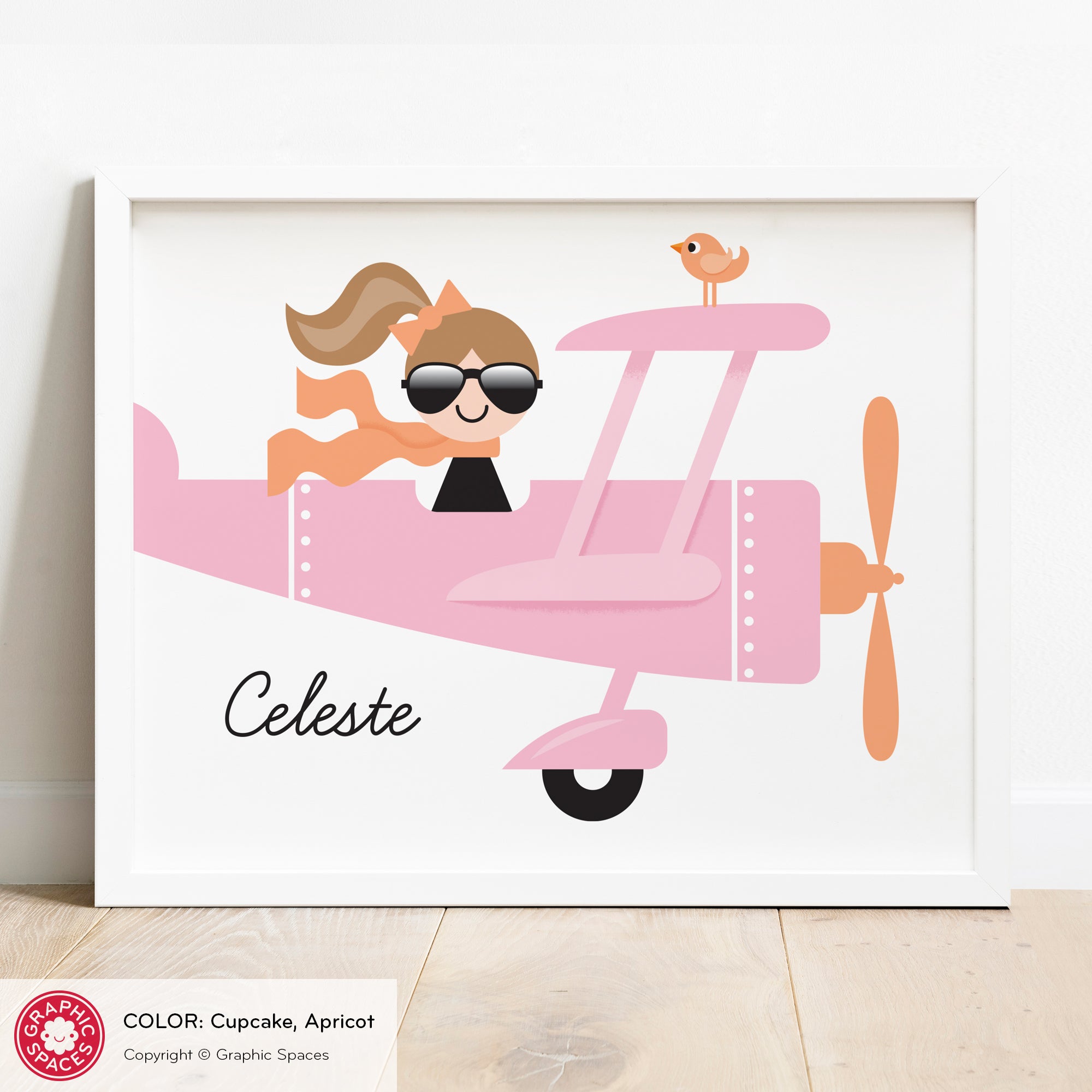 Airplane nursery art print, personalized girl.