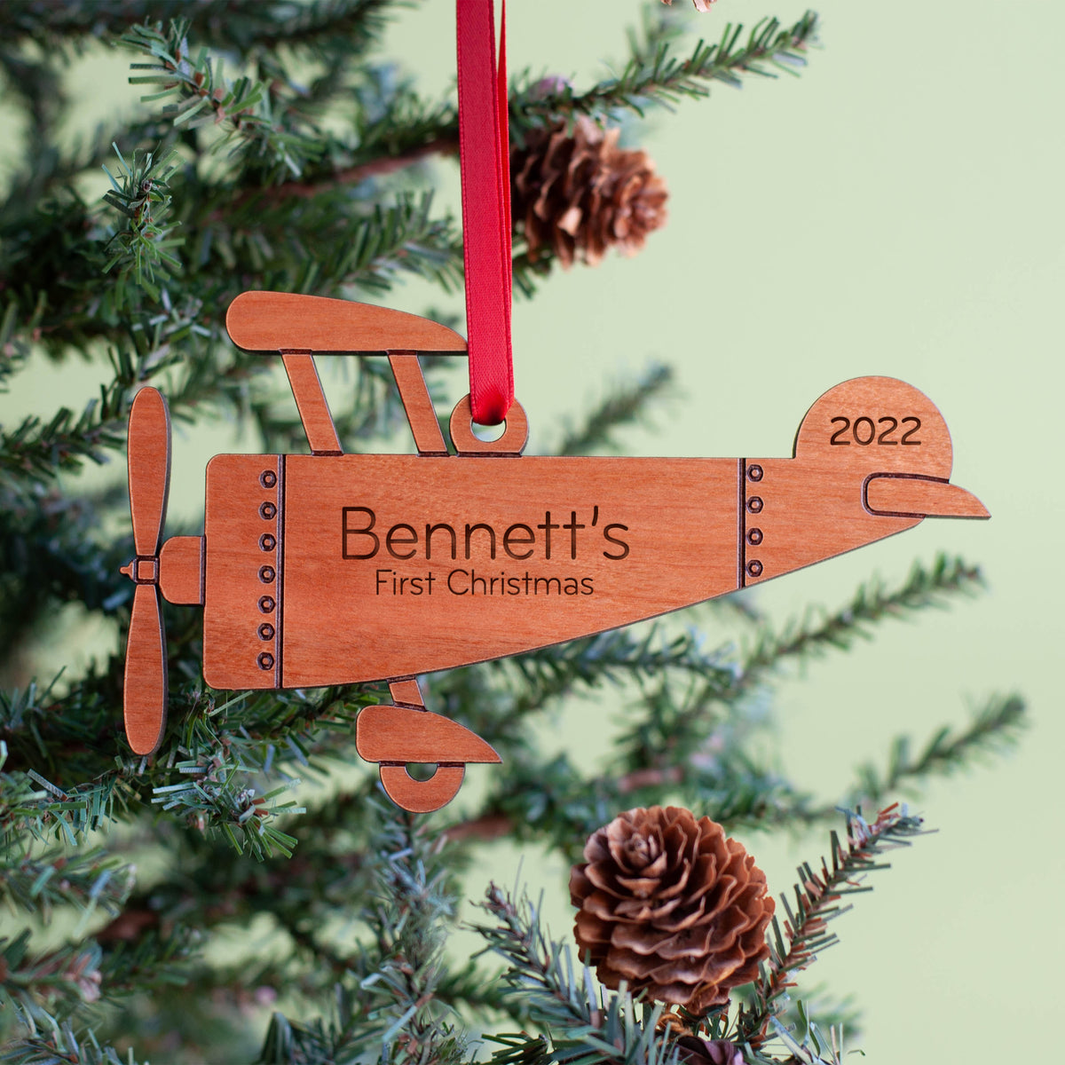 Airplane Wooden Christmas Ornament - Personalized