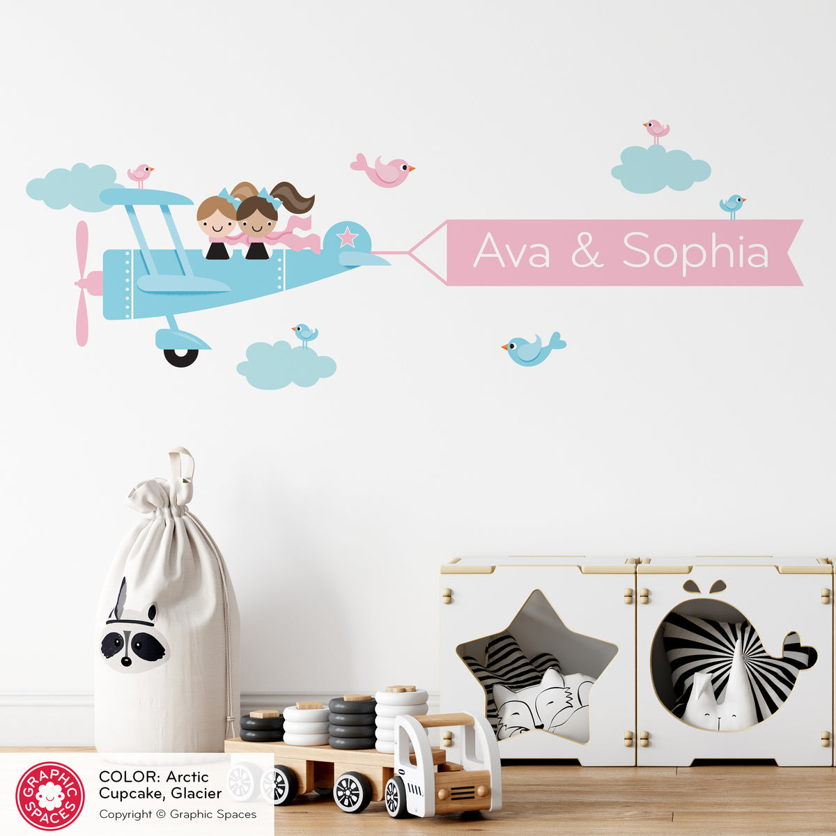 Airplane Sisters Name Banner Fabric Wall Decal