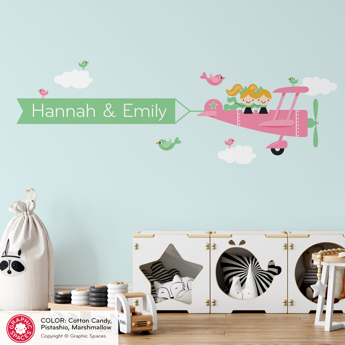 Airplane Sisters Name Banner Fabric Wall Decal