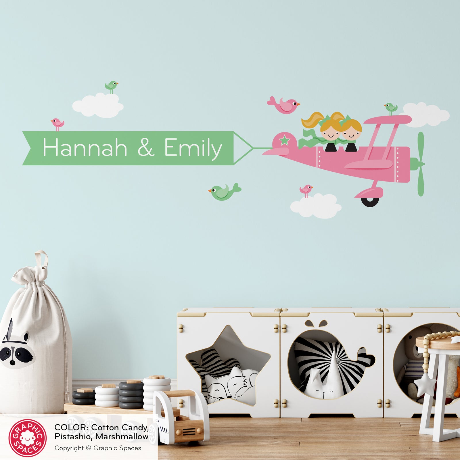 Kids Wall Decal - Airplane Banner (Personalized, Sisters) - Graphic Spaces