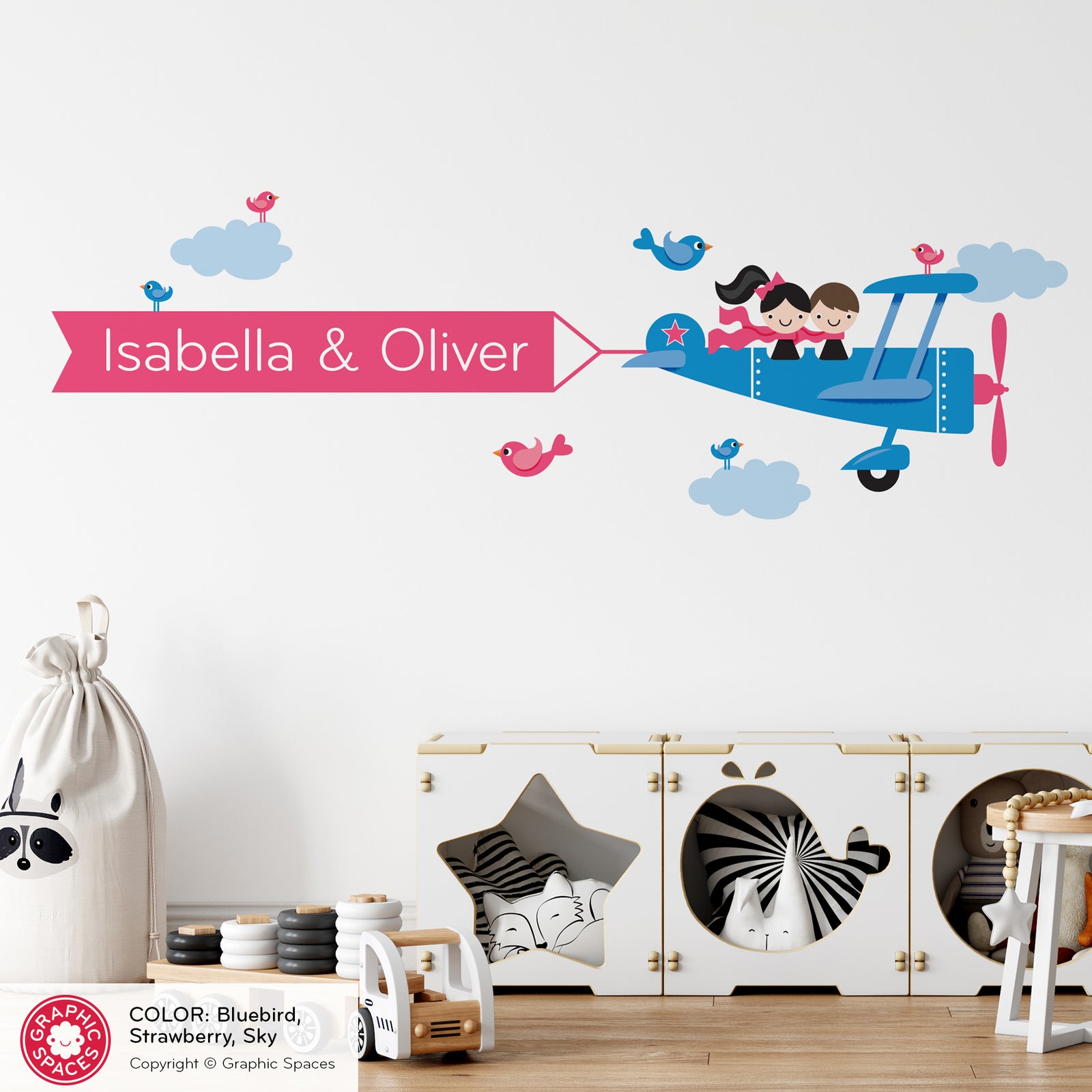 Kids Wall Decal - Airplane Banner (Personalized, Siblings) - Graphic Spaces