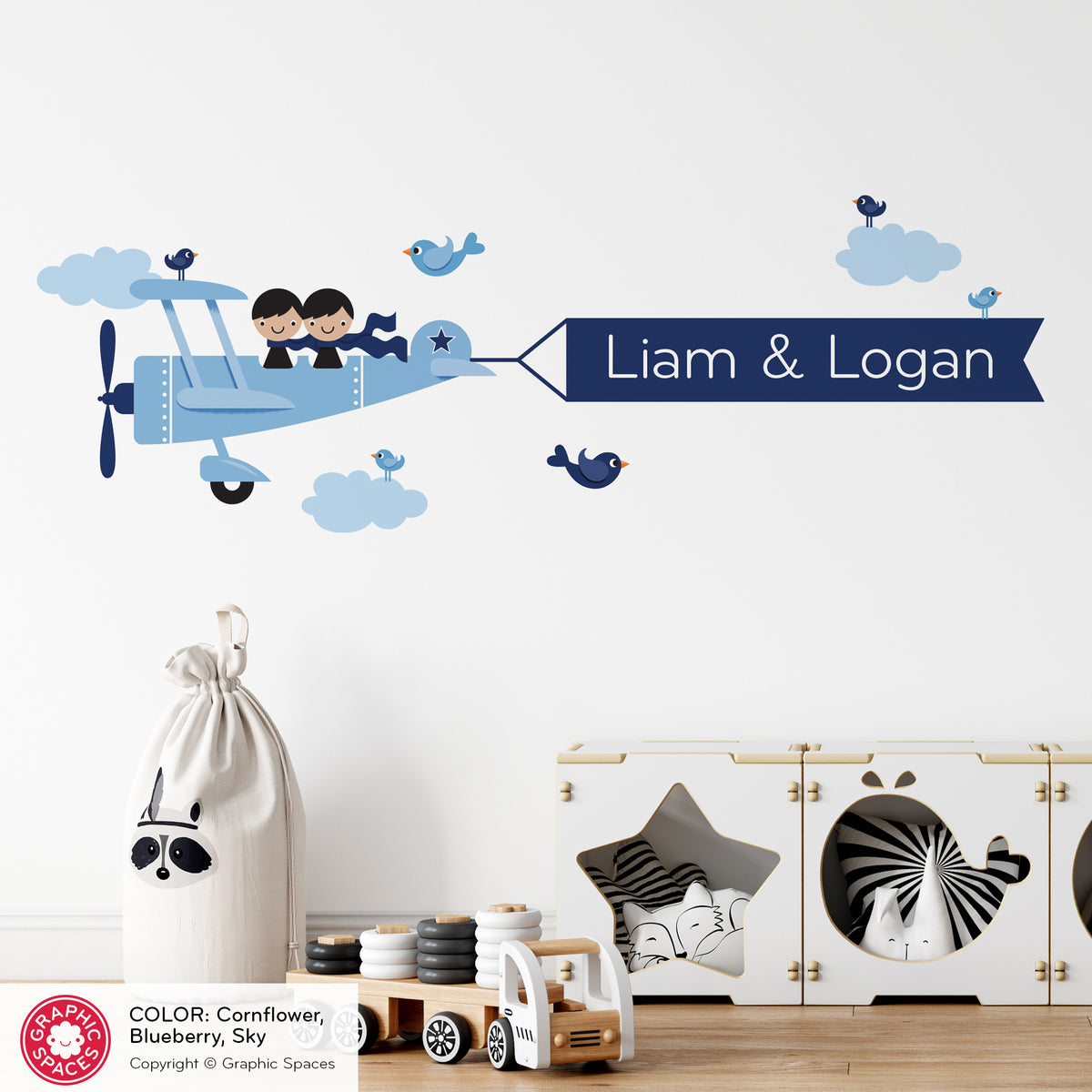 Airplane Brothers Name Banner Fabric Wall Decal