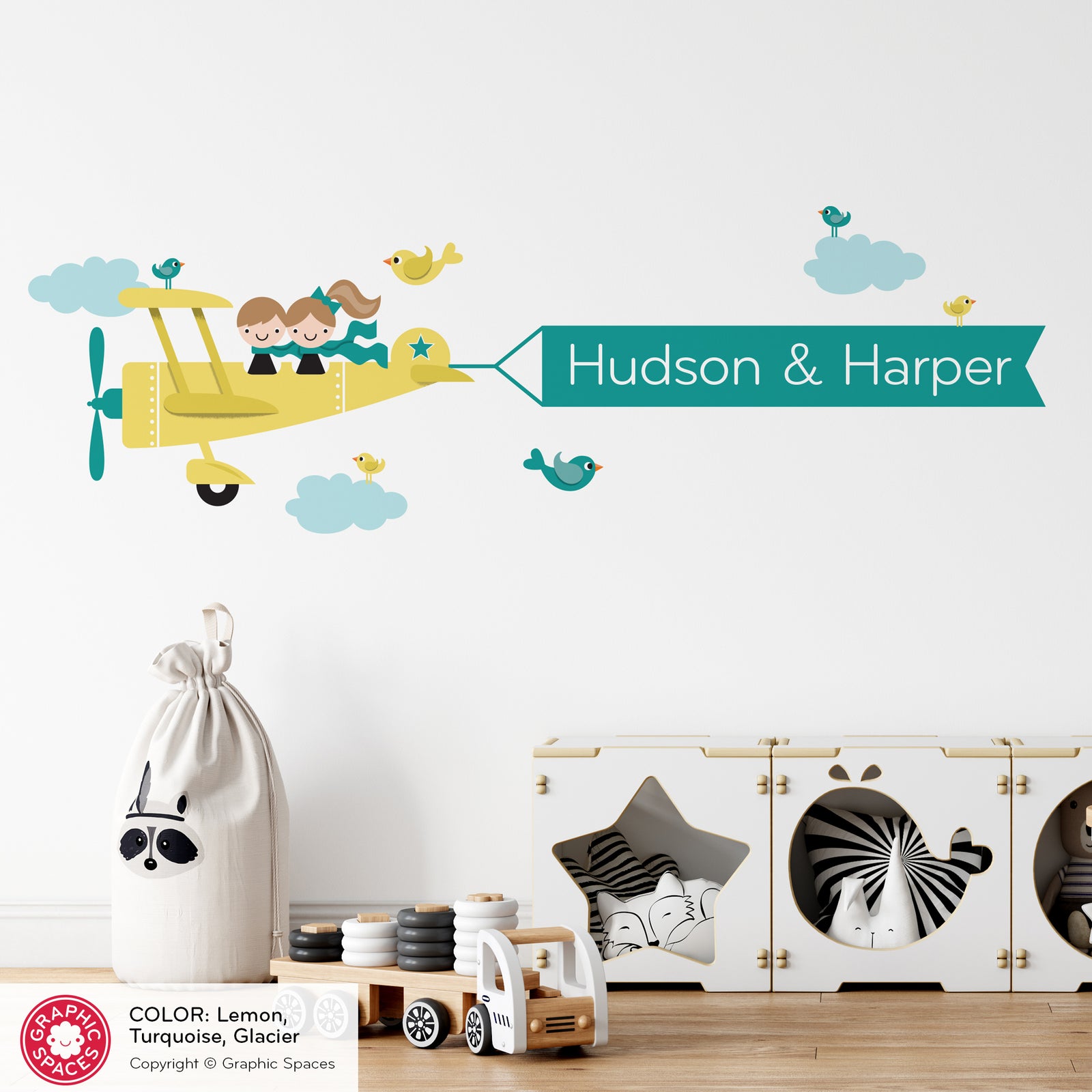 Kids Wall Decal - Airplane Banner (Personalized, Siblings) - Graphic Spaces