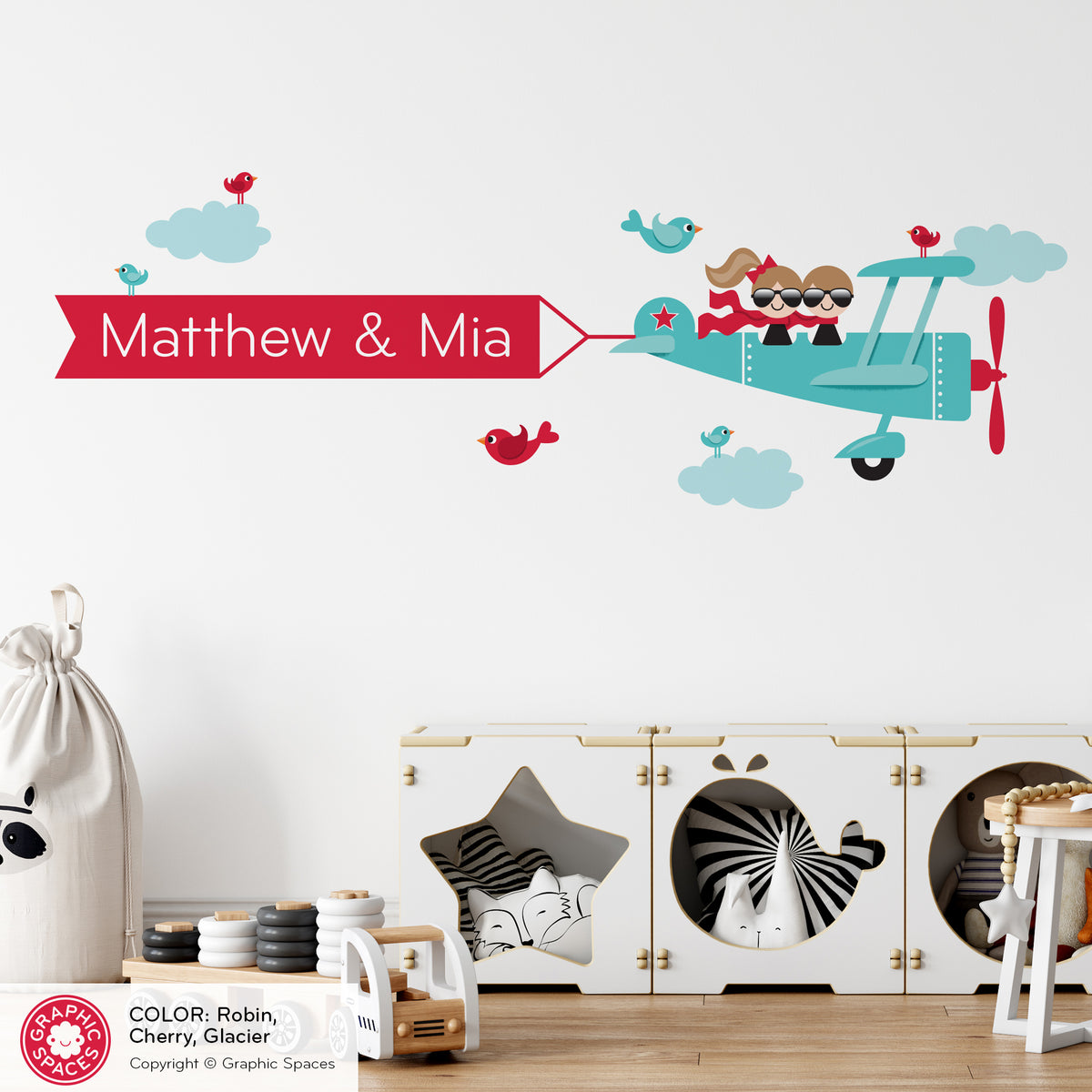 Airplane Siblings Name Banner Fabric Wall Decal
