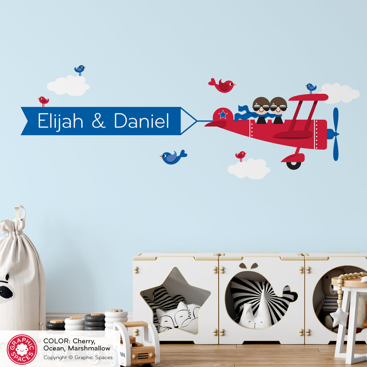 Airplane Brothers Name Banner Fabric Wall Decal