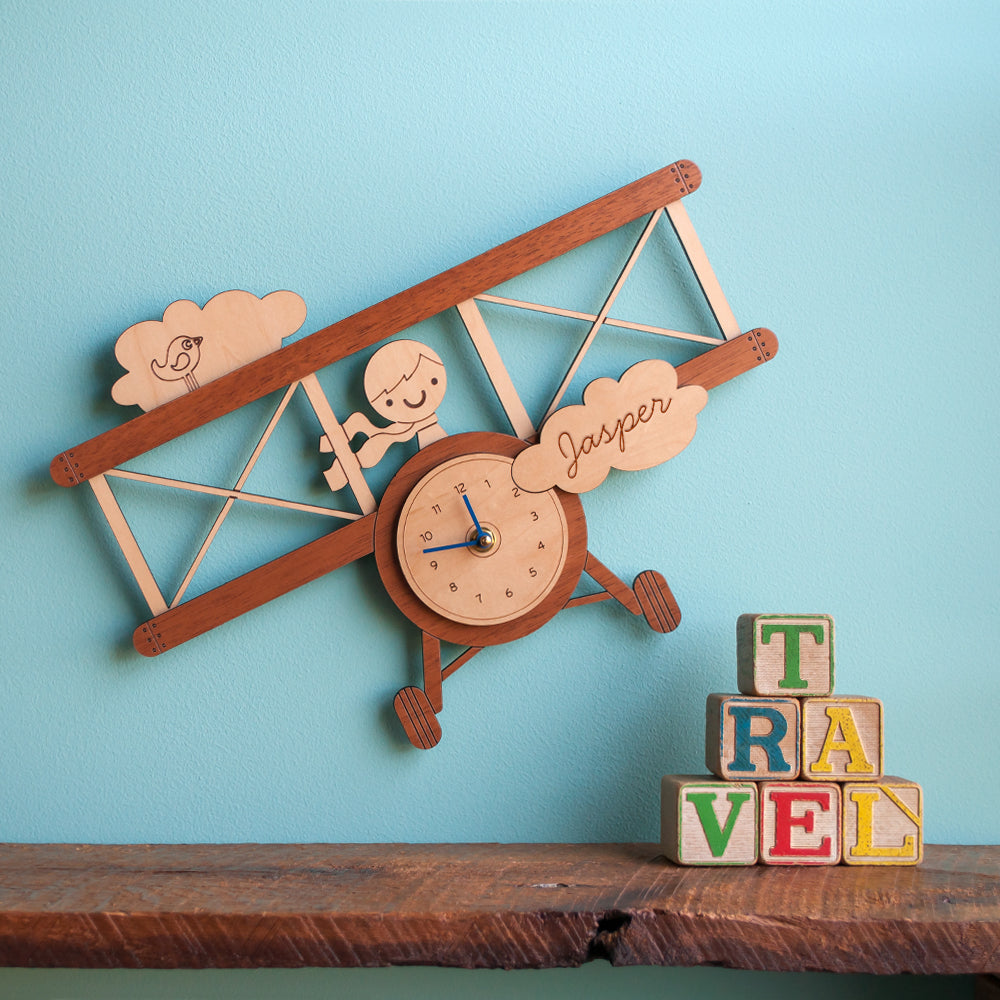 Wooden Airplane Boy Nursery Wall Clock, Personalized, Blue Hands.