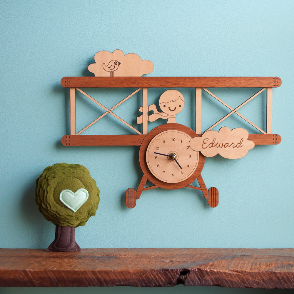 Wooden Airplane Boy Nursery Wall Clock, Personalized, Blue Hands.