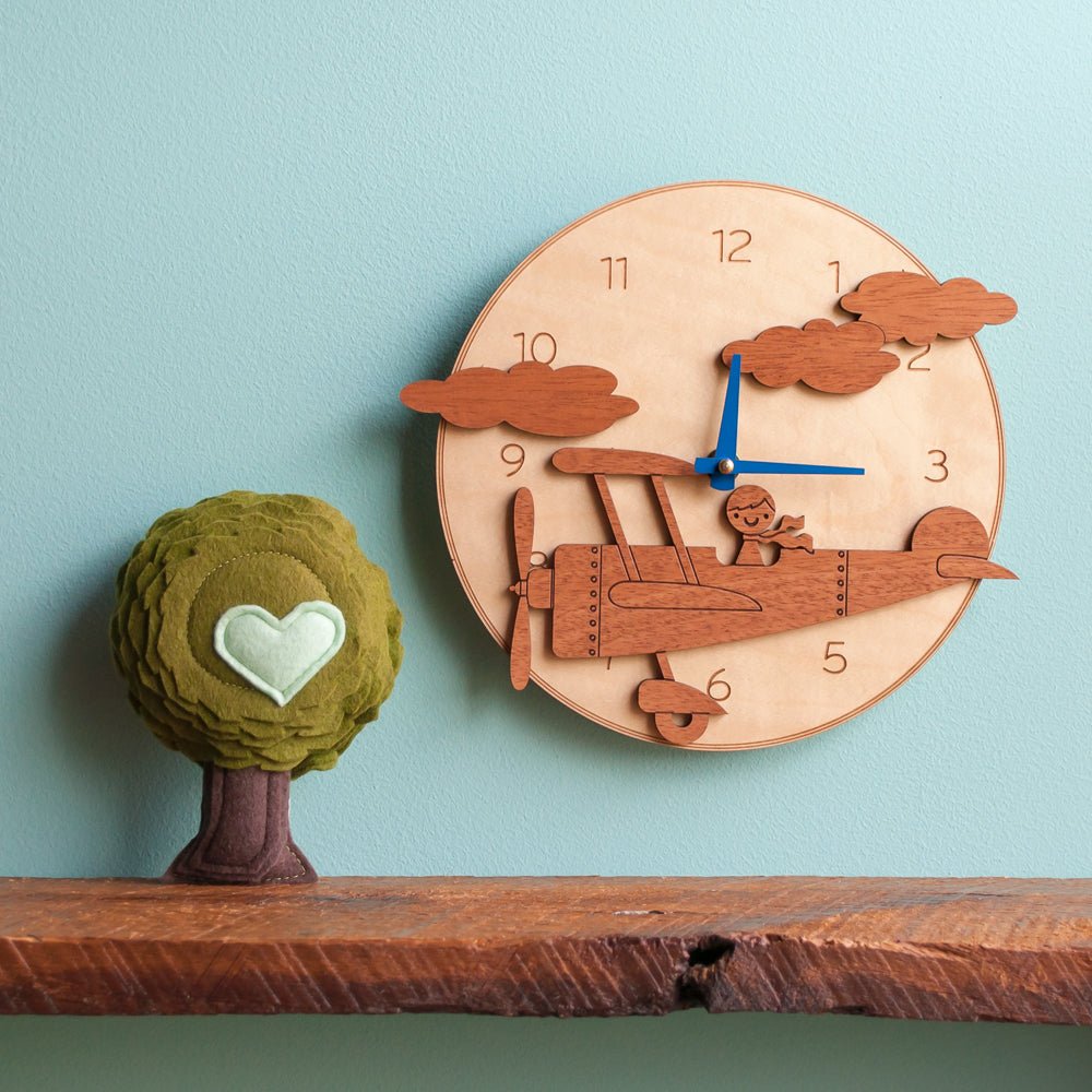 Wall Clock - Airplane (Boy, Wood) Maple and Cherry - Blue Hands - Graphic Spaces