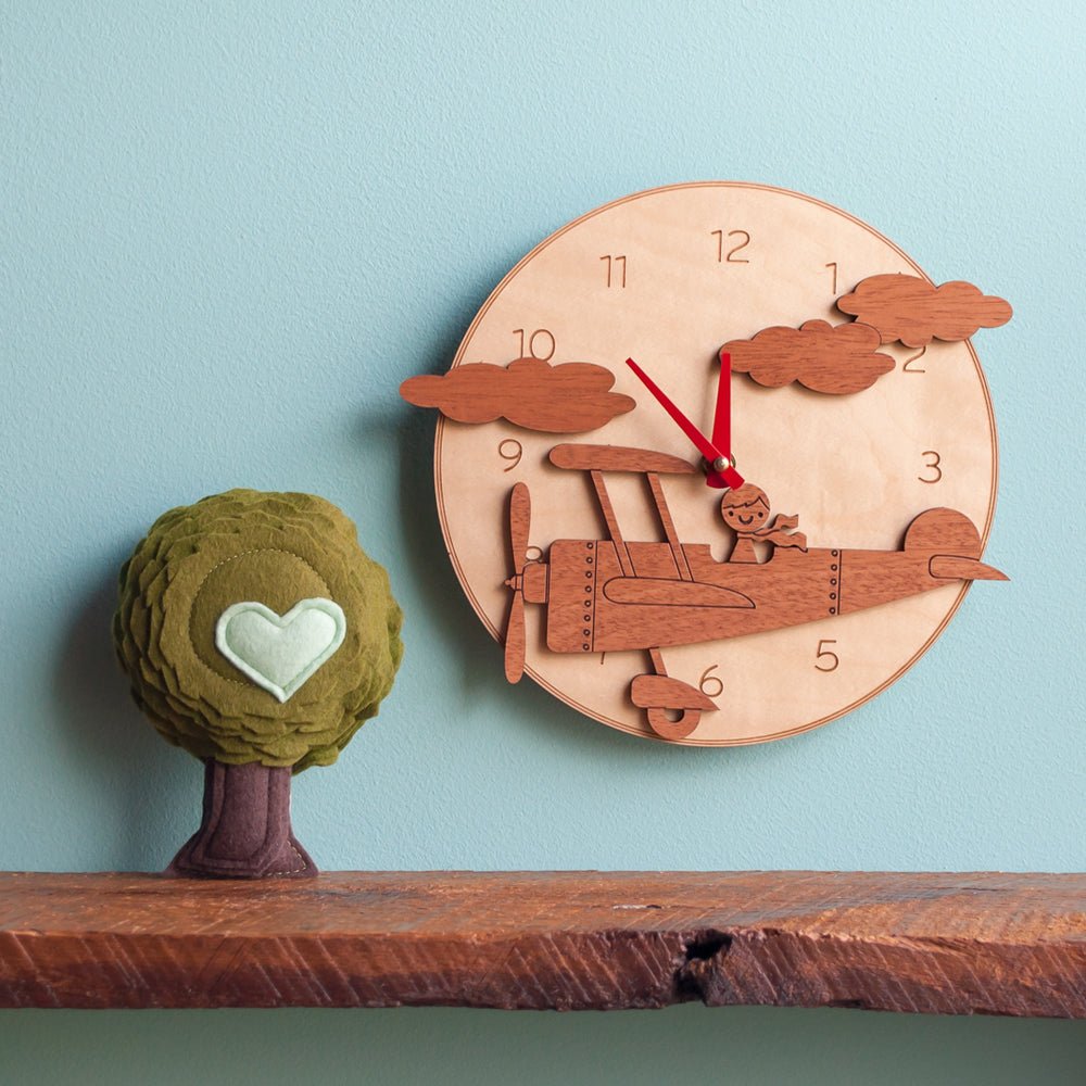 Wall Clock - Airplane (Boy, Wood) Maple and Cherry - Blue Hands - Graphic Spaces