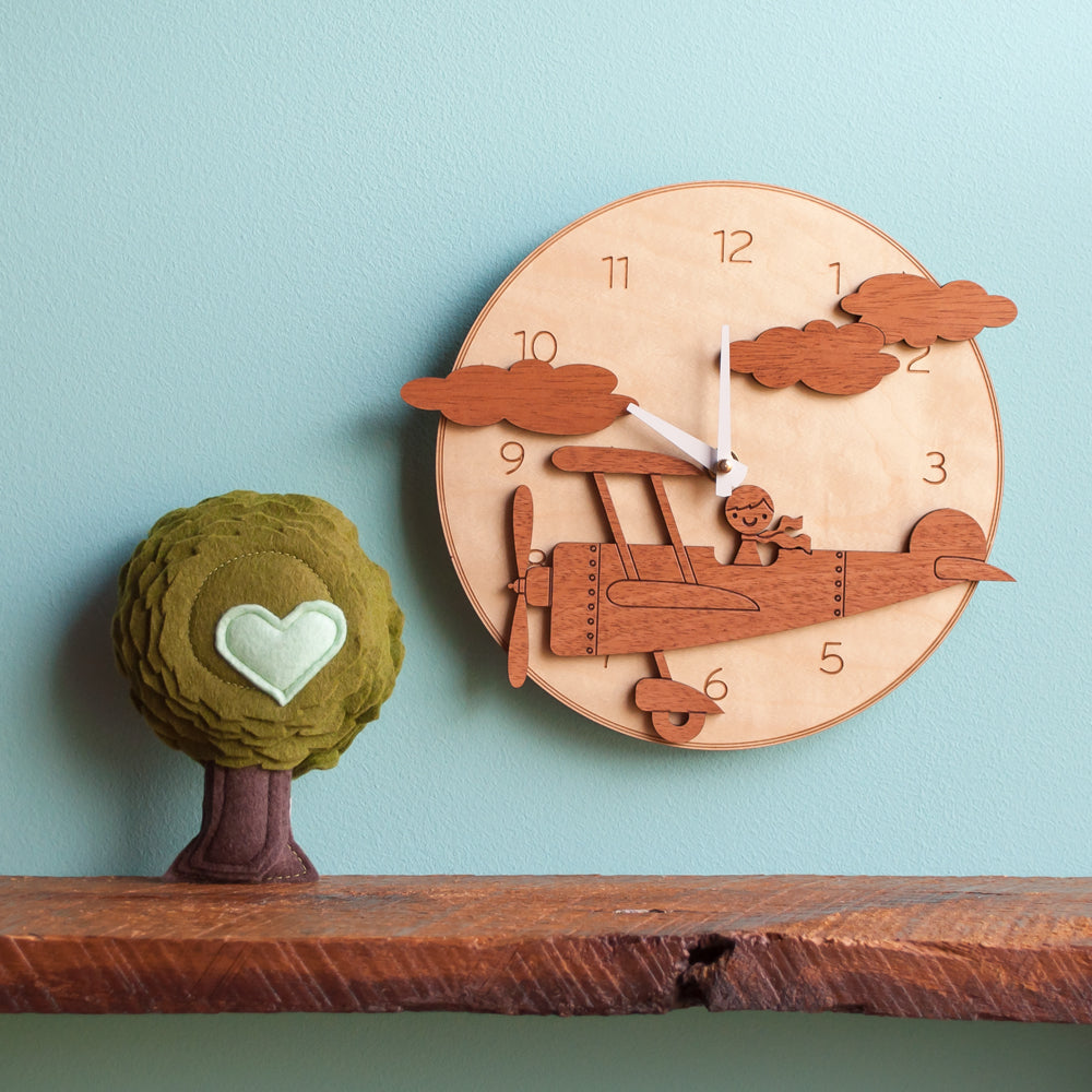 Wooden Airplane Boy Nursery Wall Clock, White Hands.