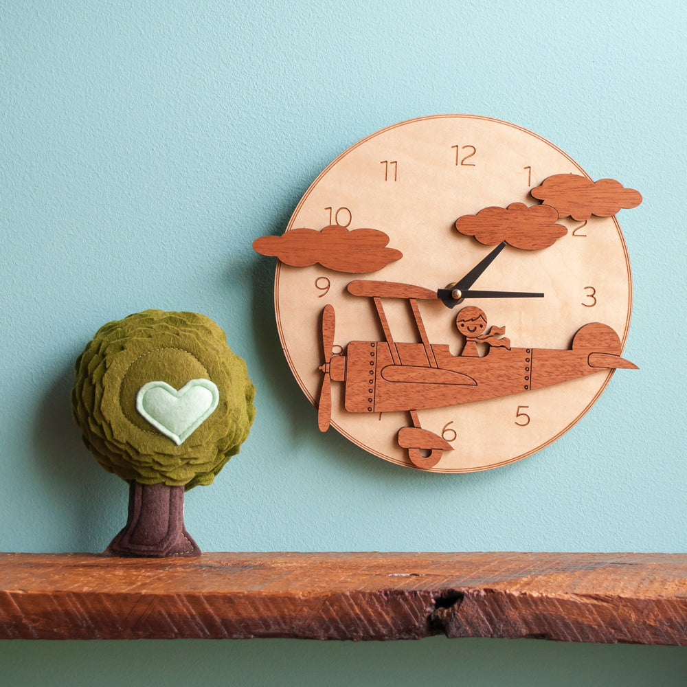 Wooden Airplane Boy Nursery Wall Clock, Black Hands.