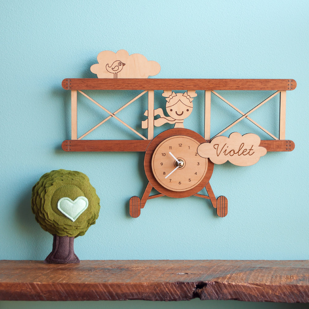 Wooden Airplane Girl Nursery Wall Clock, Personalized, White Hands.