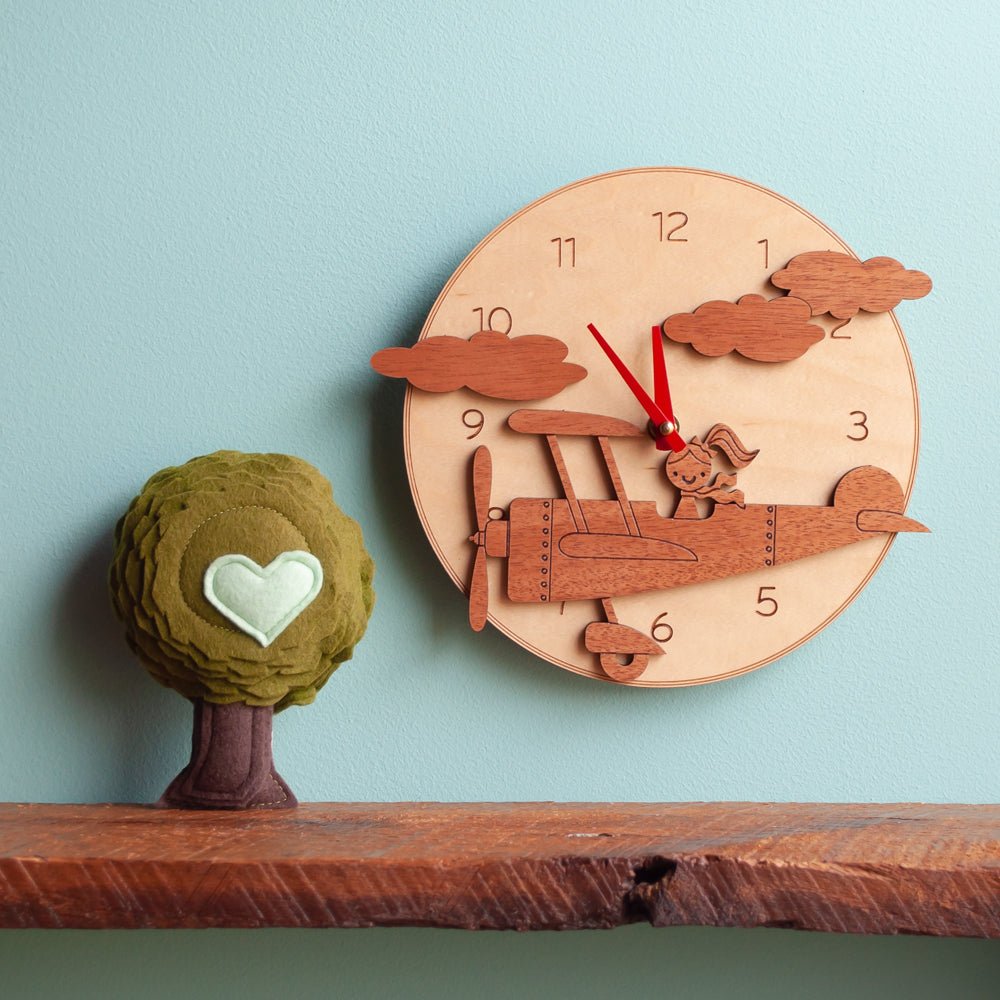 Wall Clock - Airplane (Girl, Wood) Nursery - Dark Cherry and Light Maple - Red Hands - Graphic Spaces