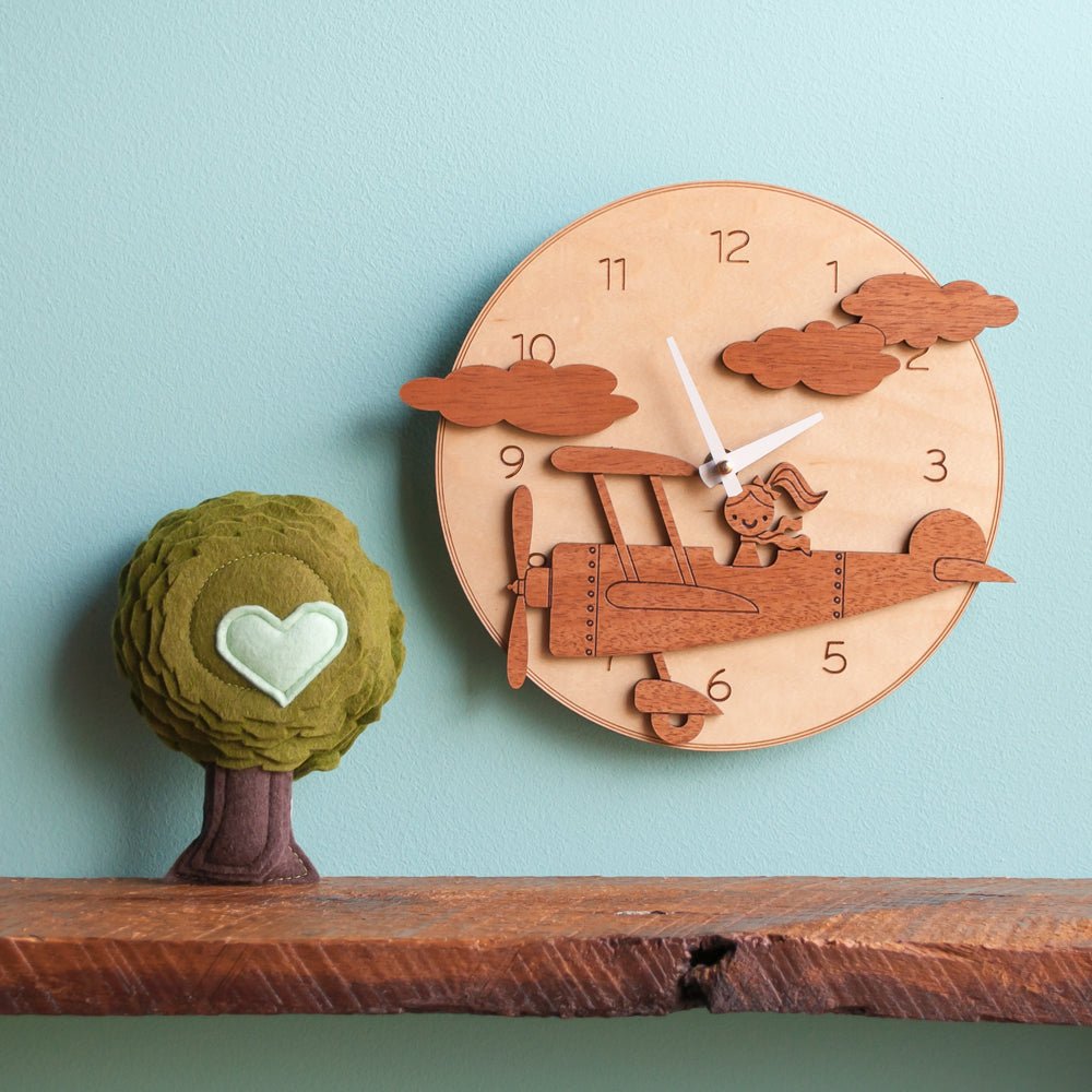 Wall Clock - Airplane (Girl, Wood) Nursery - Dark Cherry and Light Maple - Red Hands - Graphic Spaces