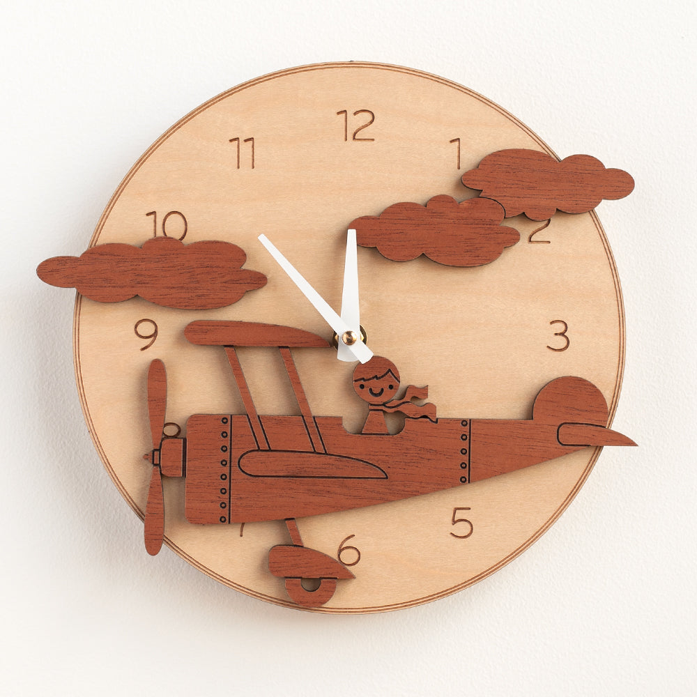 Wooden Airplane Boy Nursery Wall Clock, White Hands.