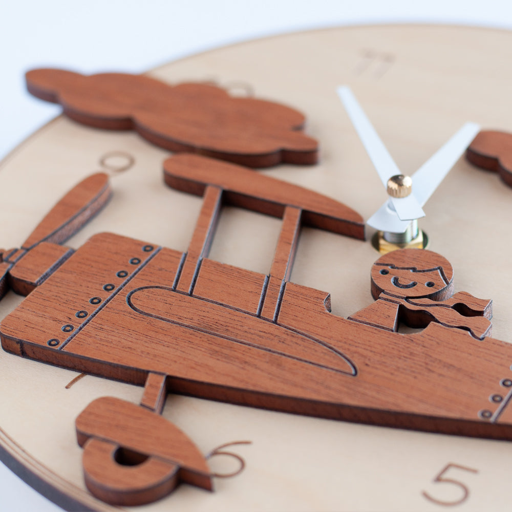 Wooden Airplane Boy Nursery Wall Clock, White Hands.