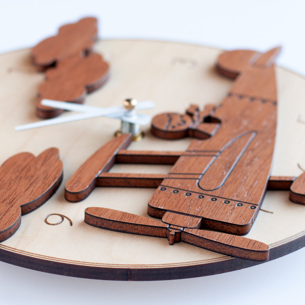 Wooden Airplane Boy Nursery Wall Clock, White Hands.