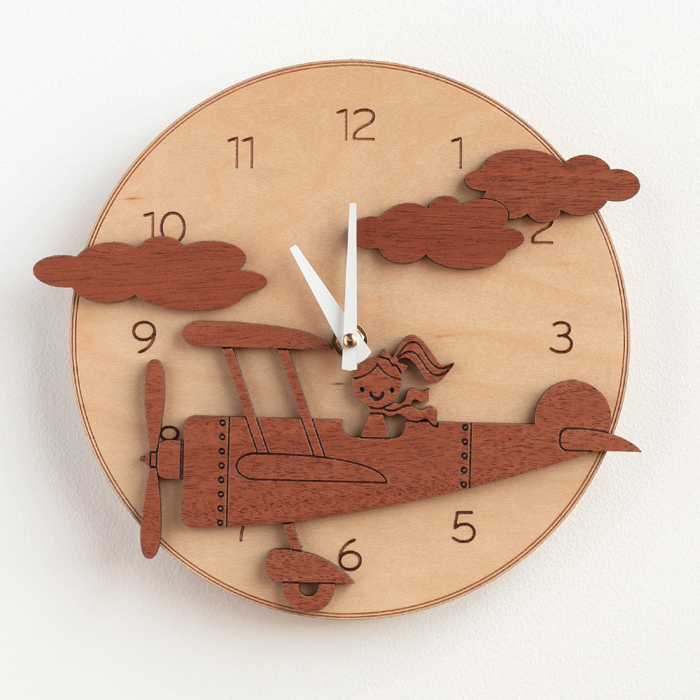 Wooden Airplane Girl Nursery Wall Clock, White Hands.