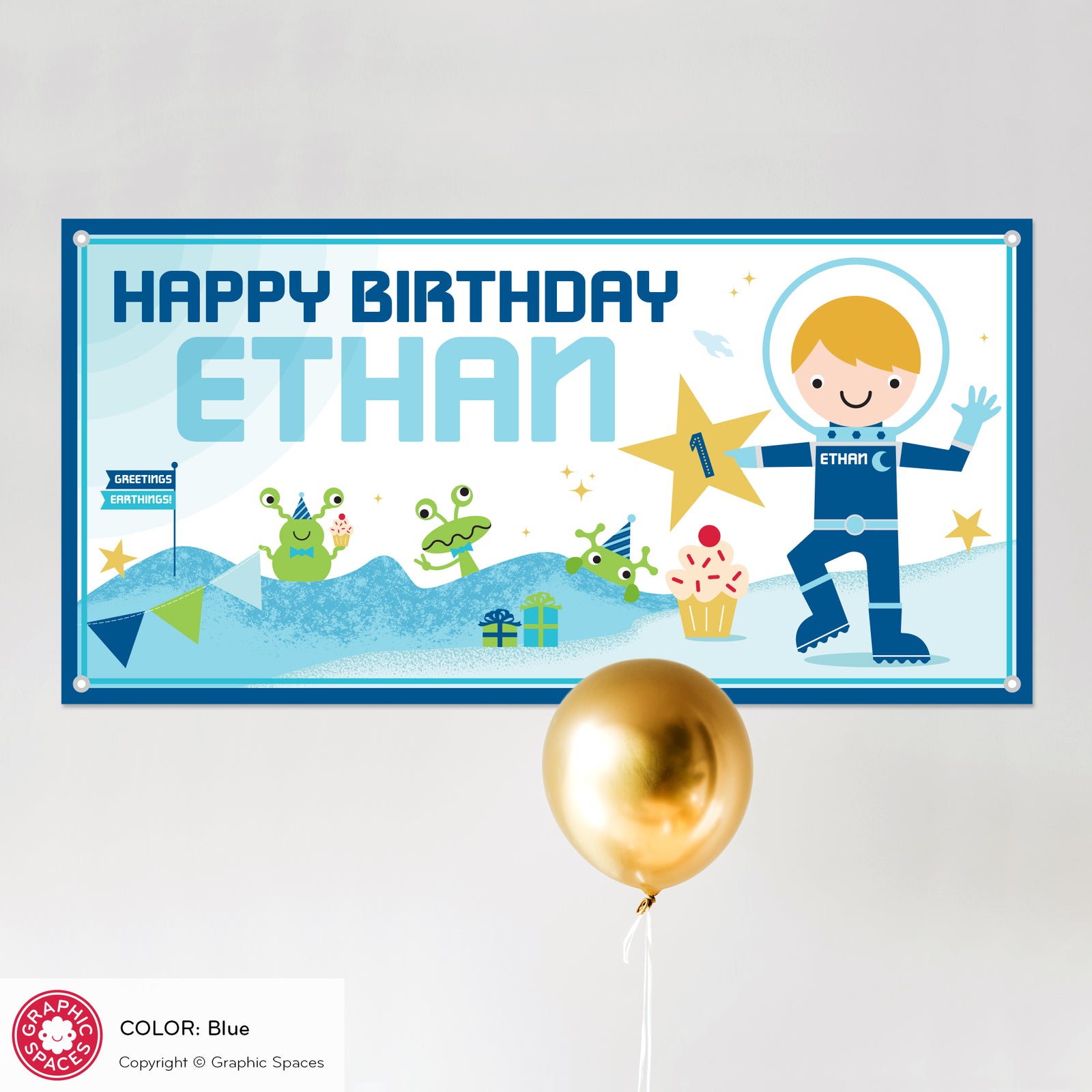 Kids Banner - Astronaut Birthday Party (Personalized, Boy, Blue) - Graphic Spaces