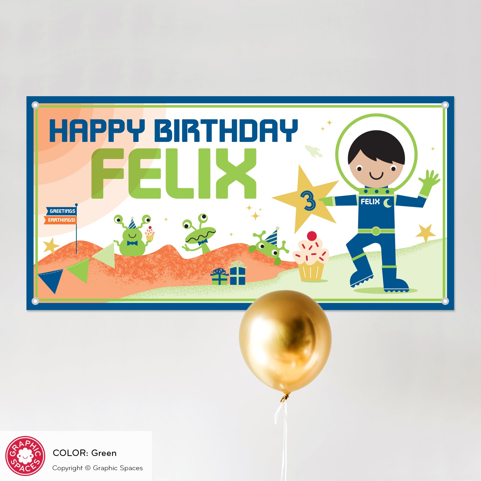Kids Banner - Astronaut Birthday Party (Personalized, Boy, Green) - Graphic Spaces