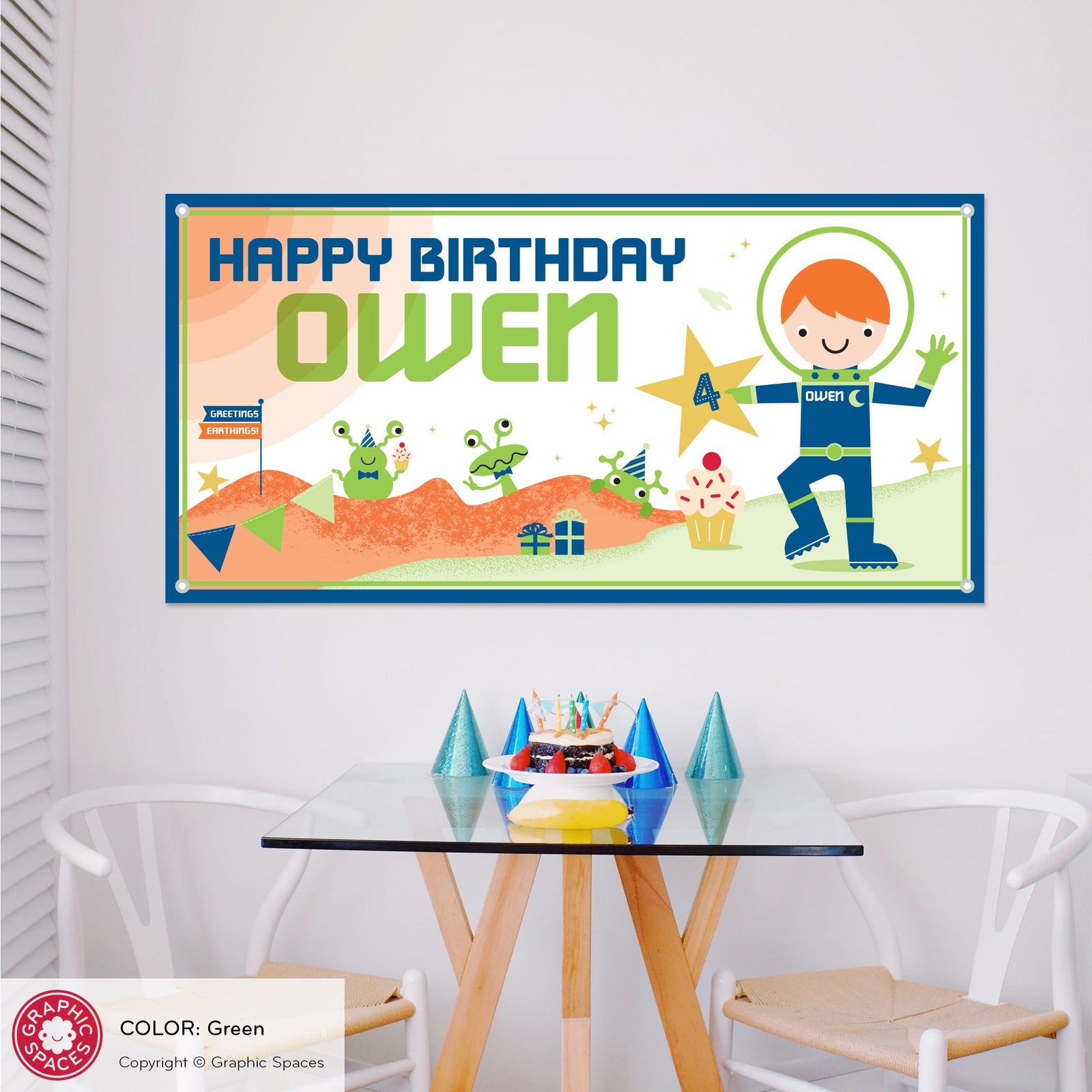 Kids Banner - Astronaut Birthday Party (Personalized, Boy, Green) - Graphic Spaces