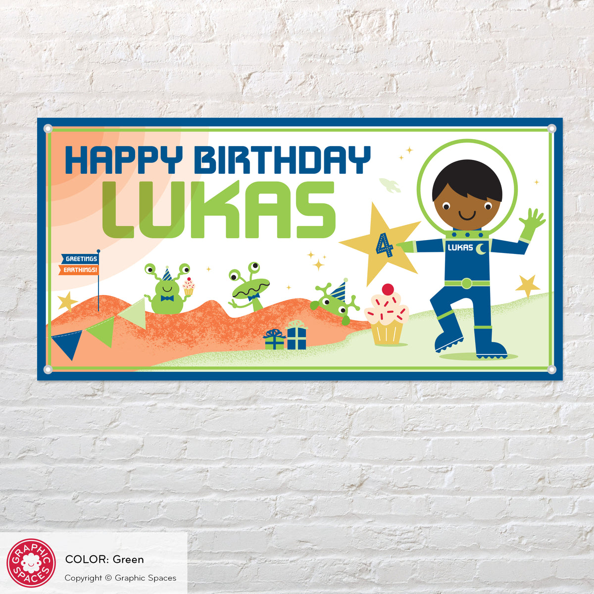 Astronaut Boy Birthday Party Banner, Personalized - GREEN