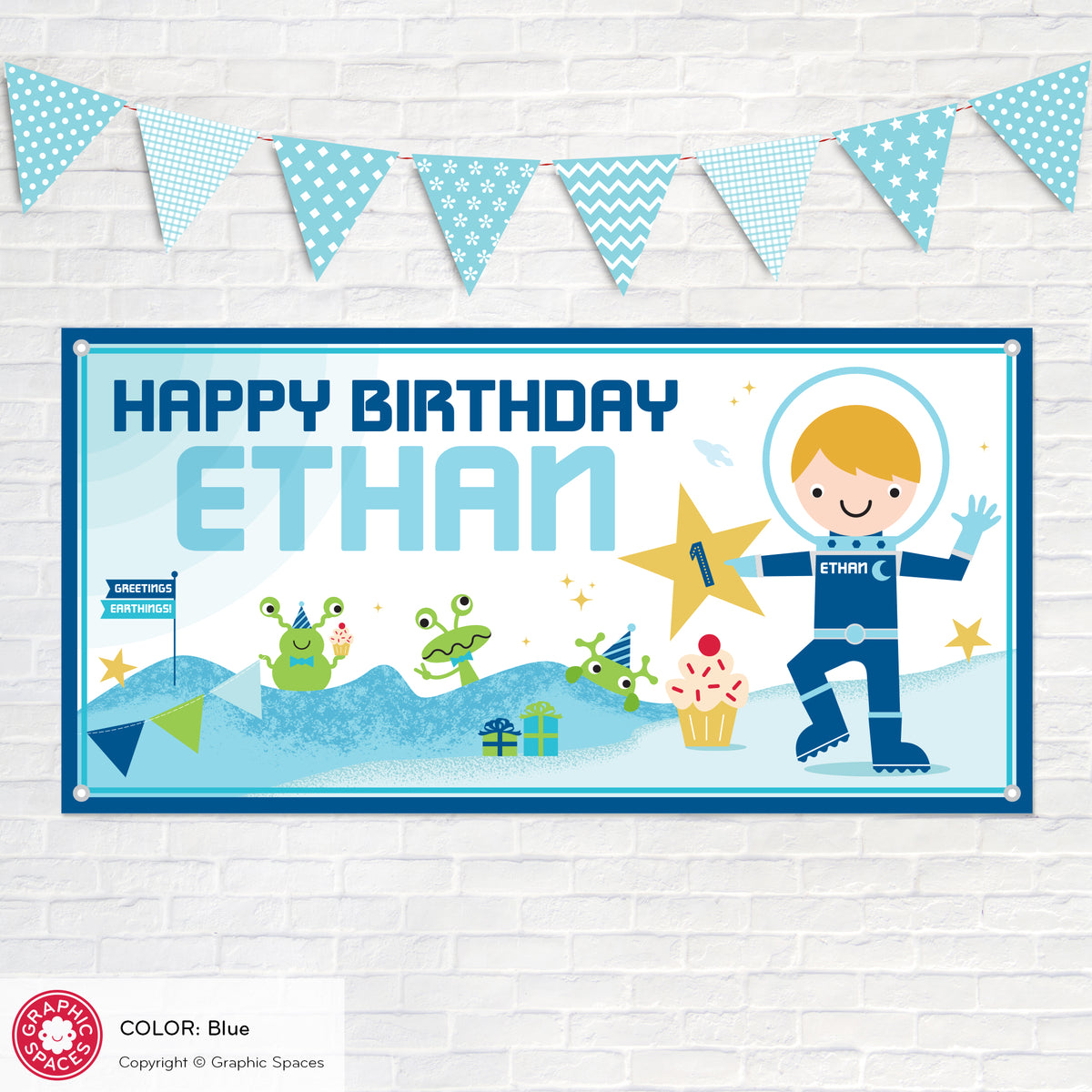 Astronaut Boy Birthday Party Banner, Personalized - BLUE