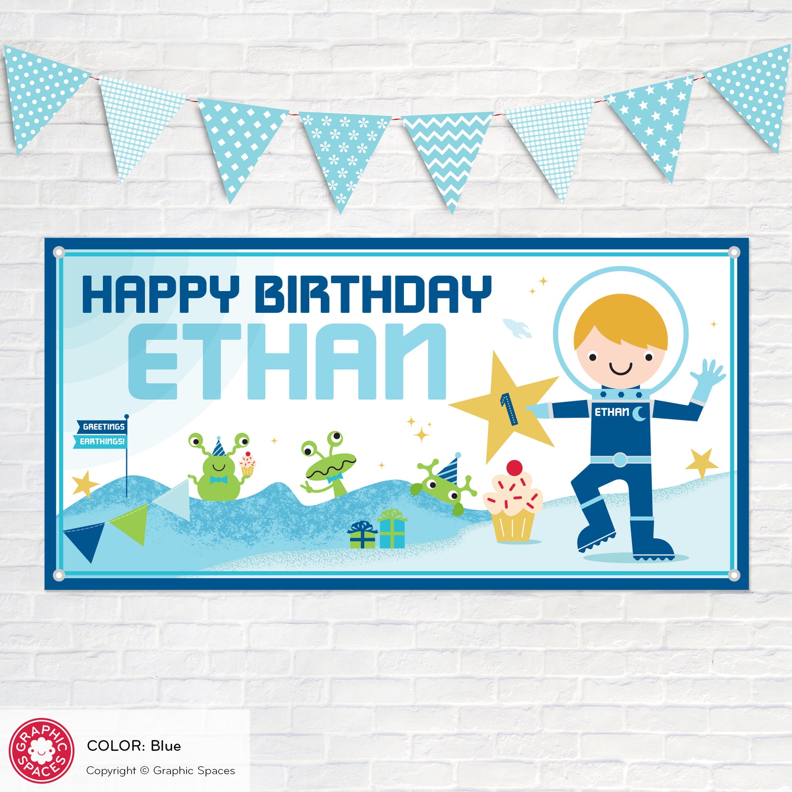 Kids Banner - Astronaut Birthday Party (Personalized, Boy, Blue) - Graphic Spaces