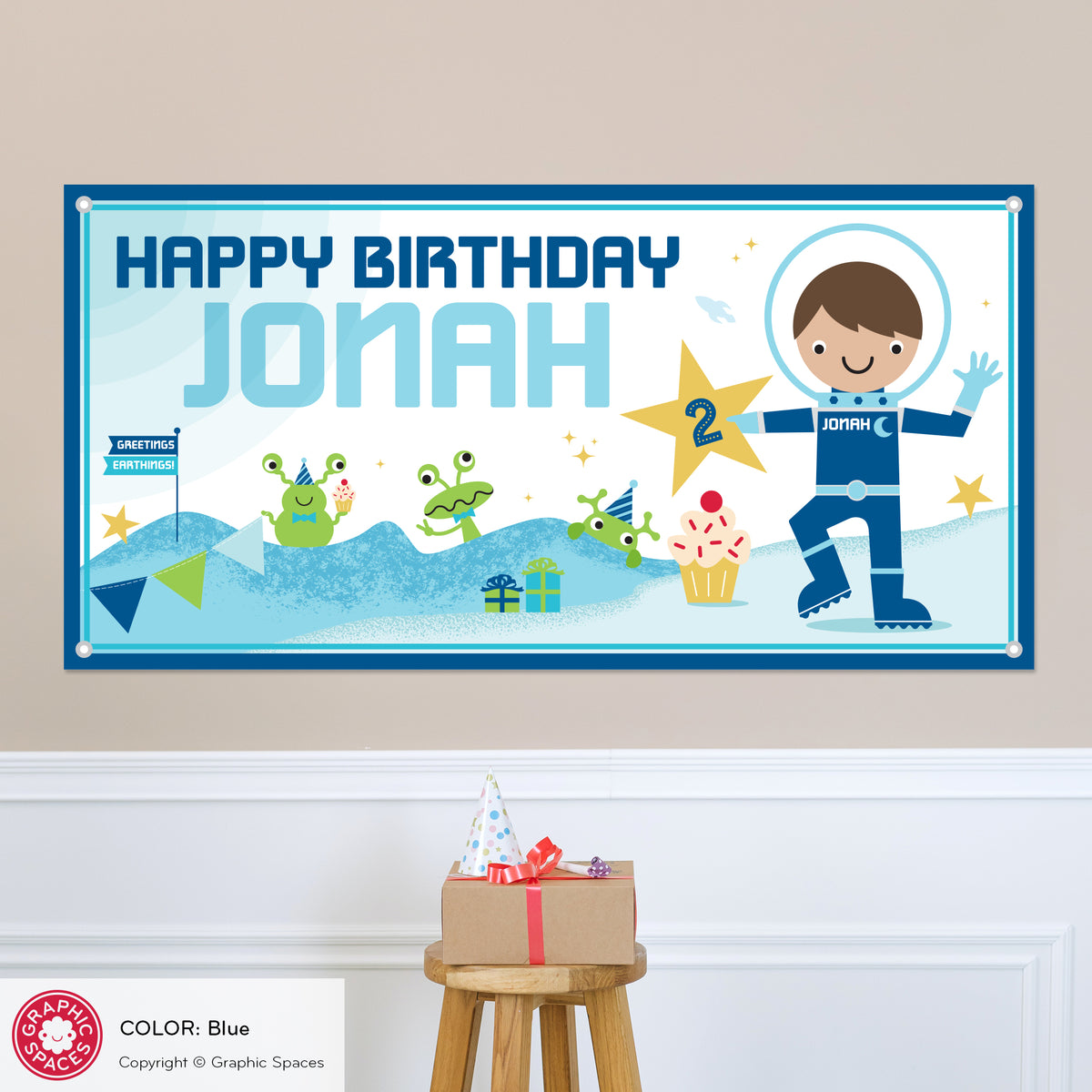Astronaut Boy Birthday Party Banner, Personalized - BLUE
