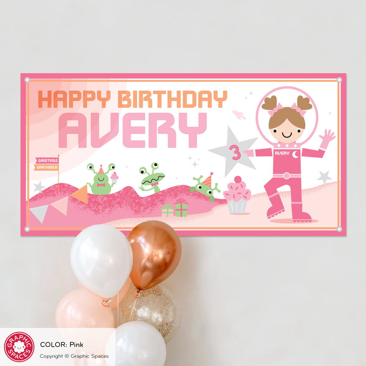 Astronaut Girl Birthday Party Banner, Personalized - PINK