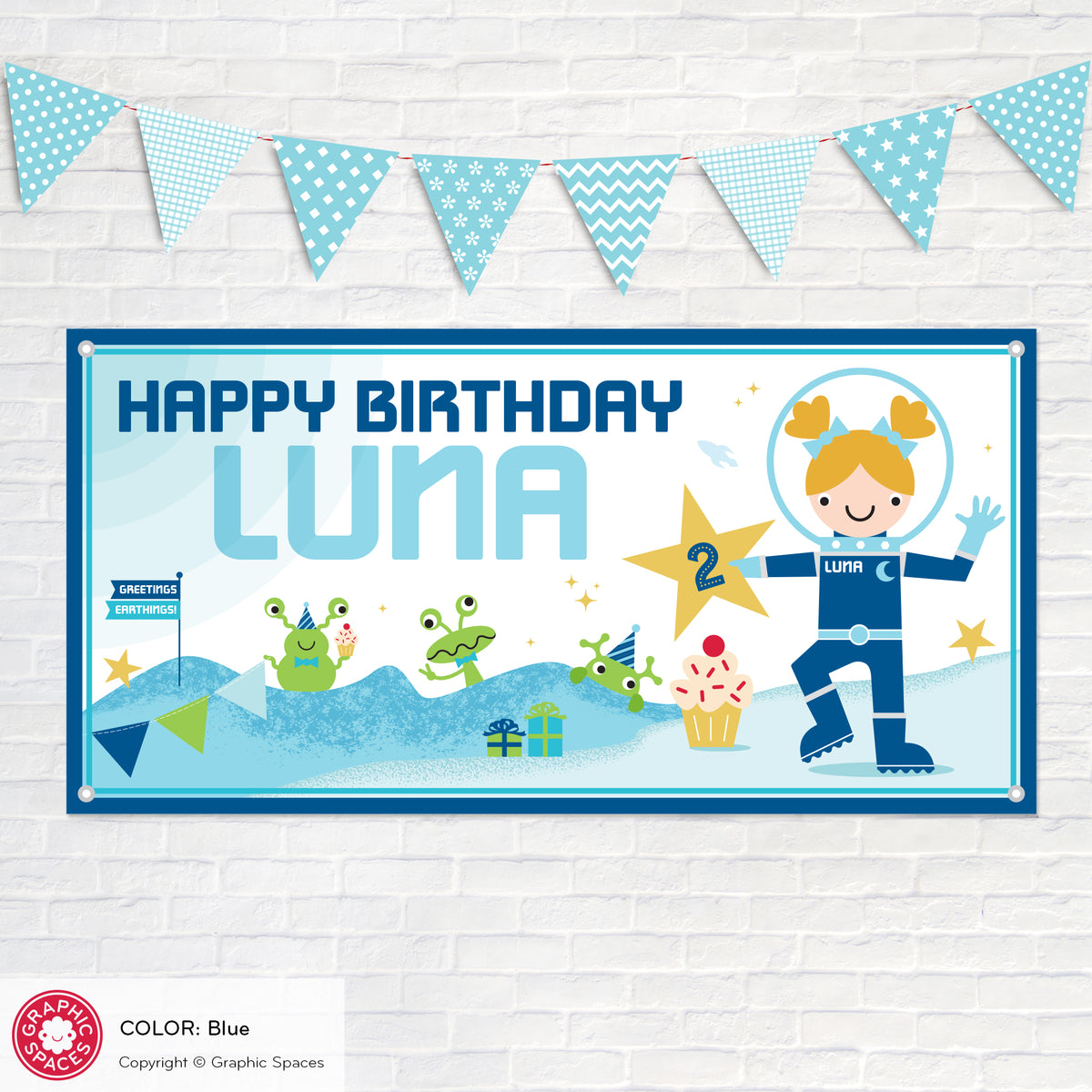 Astronaut Girl Birthday Party Banner, Personalized - BLUE