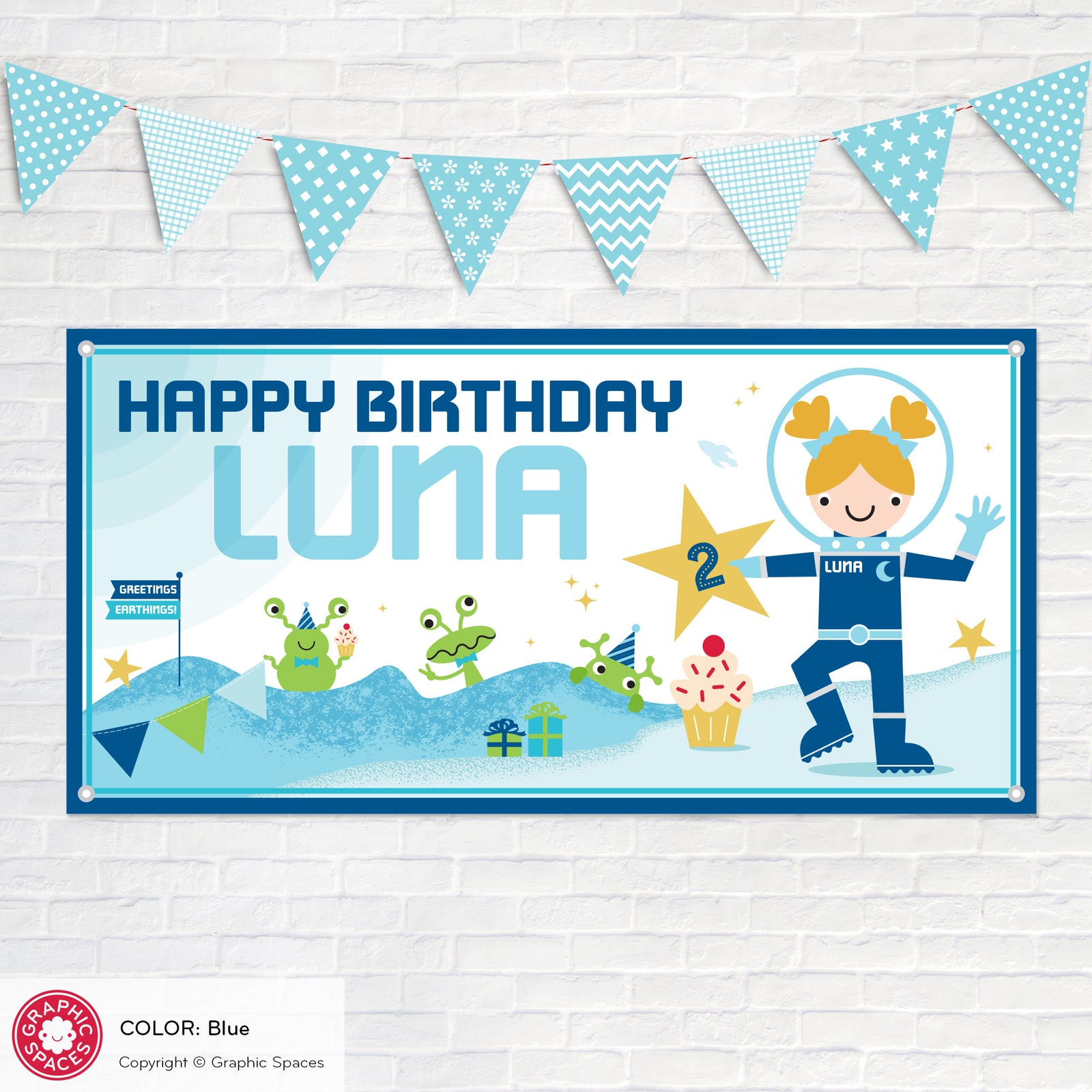 Kids Banner - Astronaut Birthday Party (Personalized, Girl, Blue) - Graphic Spaces