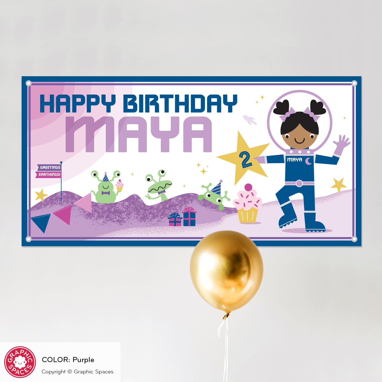 Kids Banner - Astronaut Birthday Party (Personalized, Girl, Purple) - Graphic Spaces