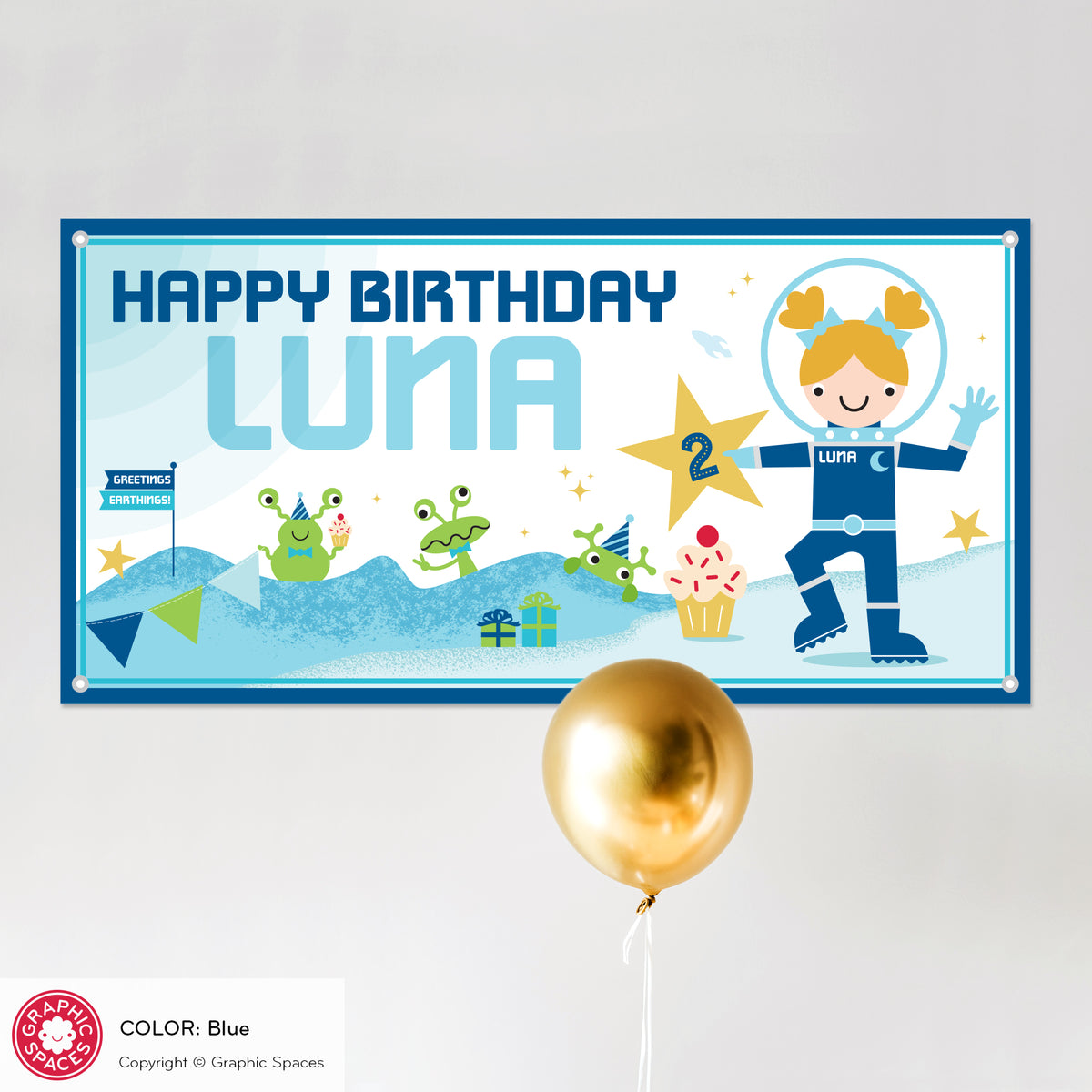 Astronaut Girl Birthday Party Banner, Personalized - BLUE