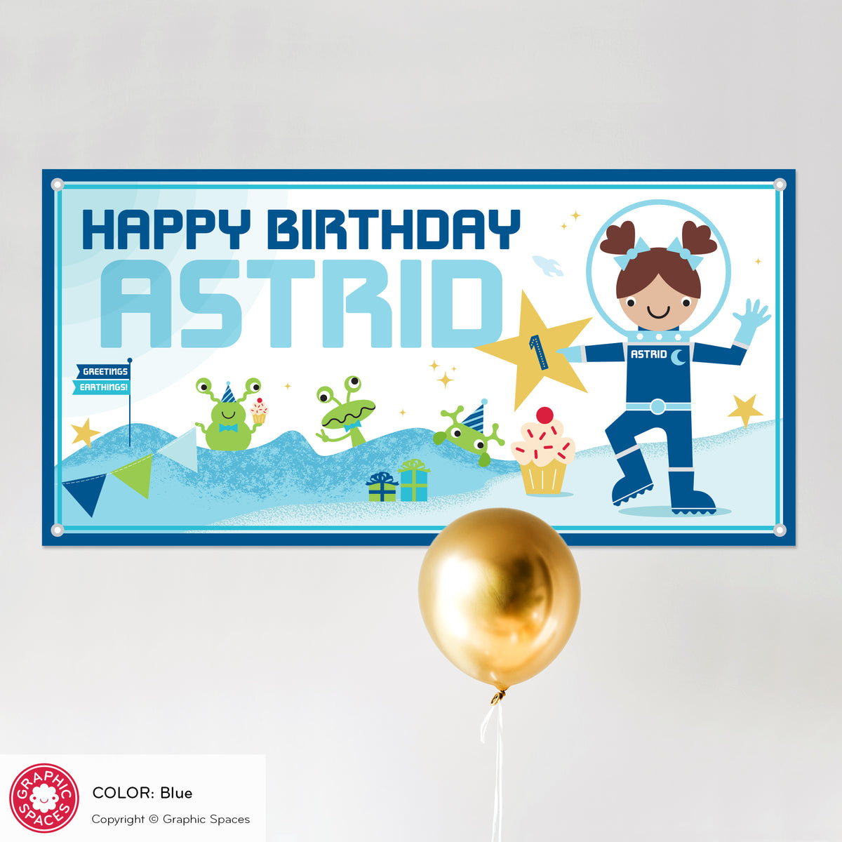 Astronaut Girl Birthday Party Banner, Personalized - BLUE