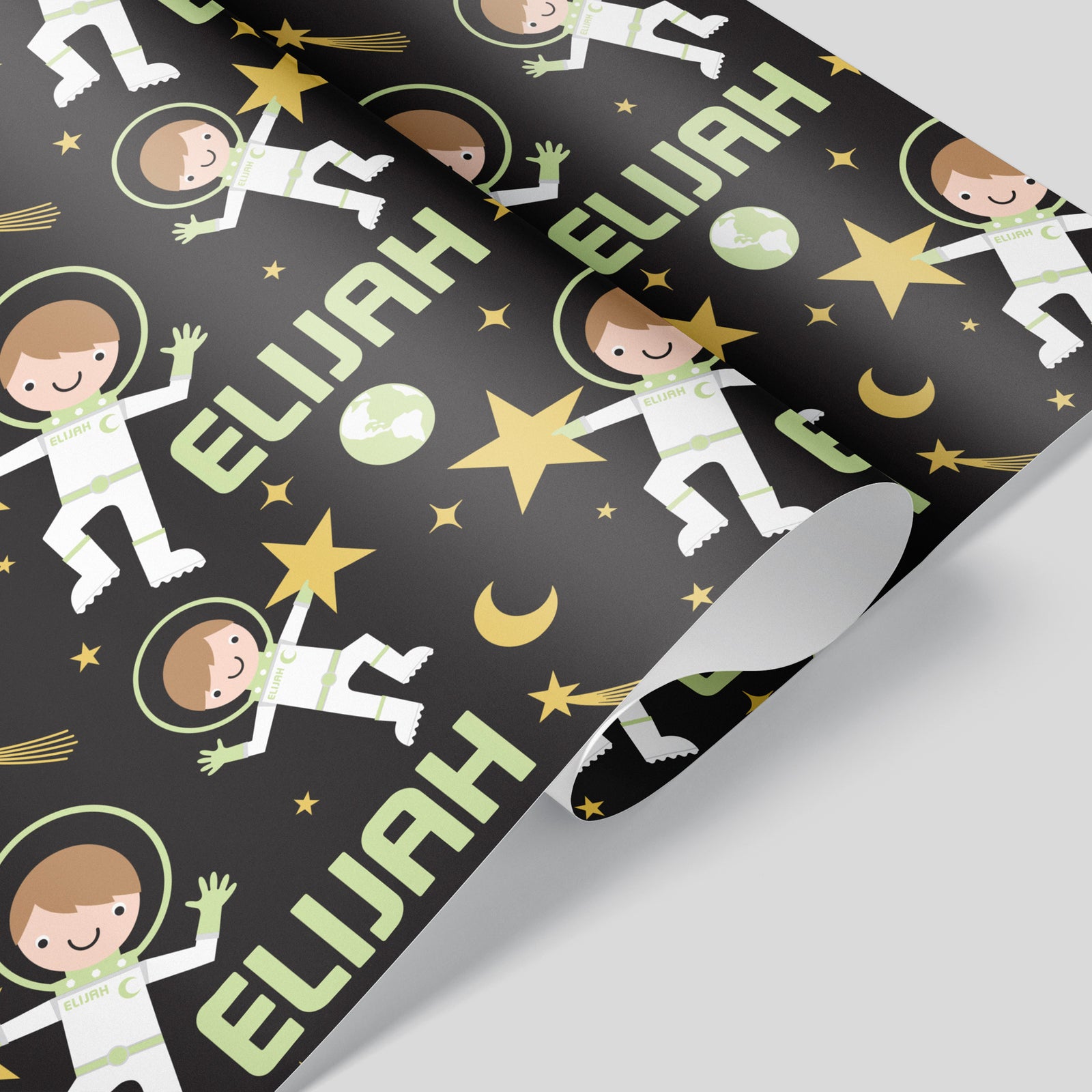 Kids Wrapping Paper - Astronaut Birthday (Personalized, Boy, Green) - Graphic Spaces