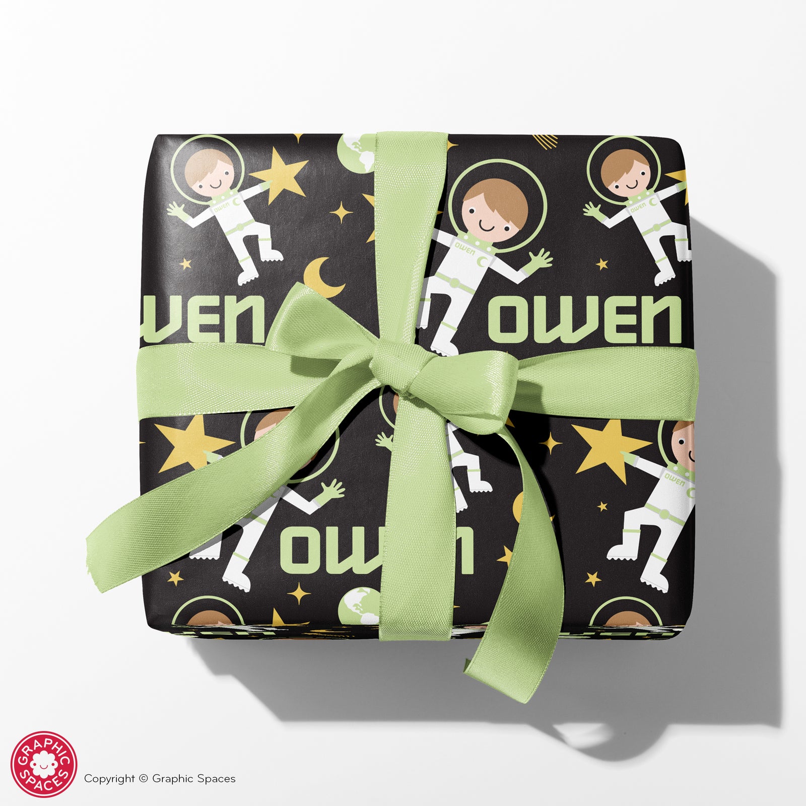 Kids Wrapping Paper - Astronaut Birthday (Personalized, Boy, Green) - Graphic Spaces