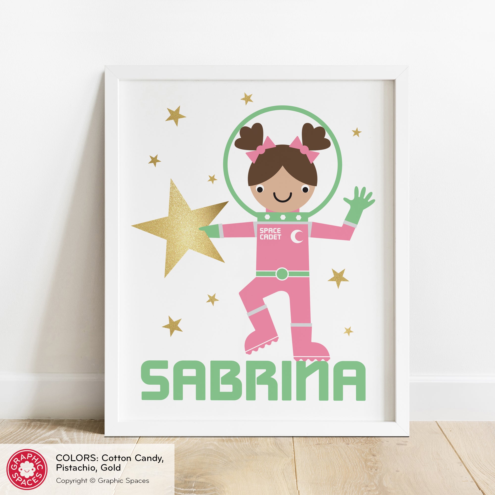 Astronaut girl nursery art print, personalized.