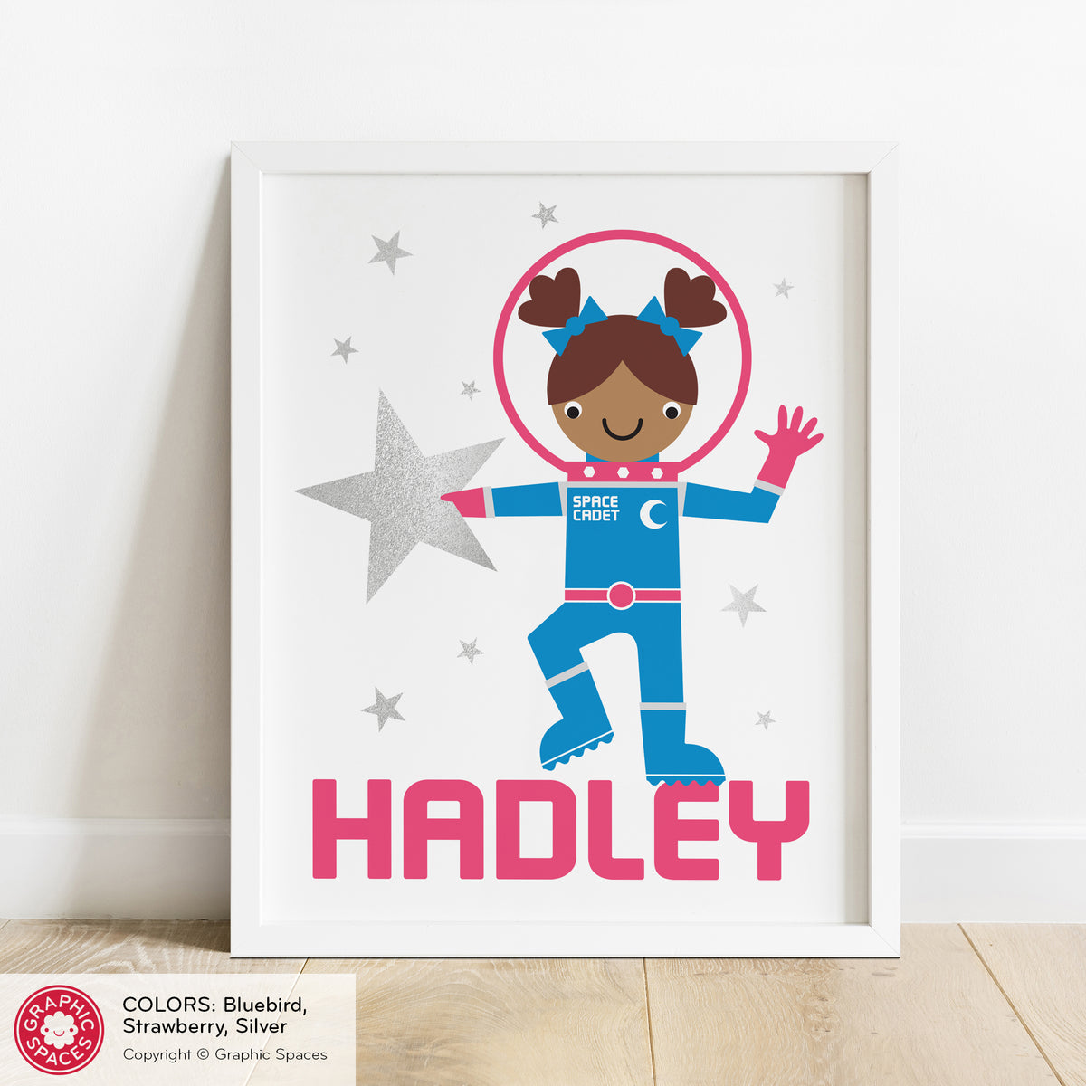Astronaut girl nursery art print, personalized.
