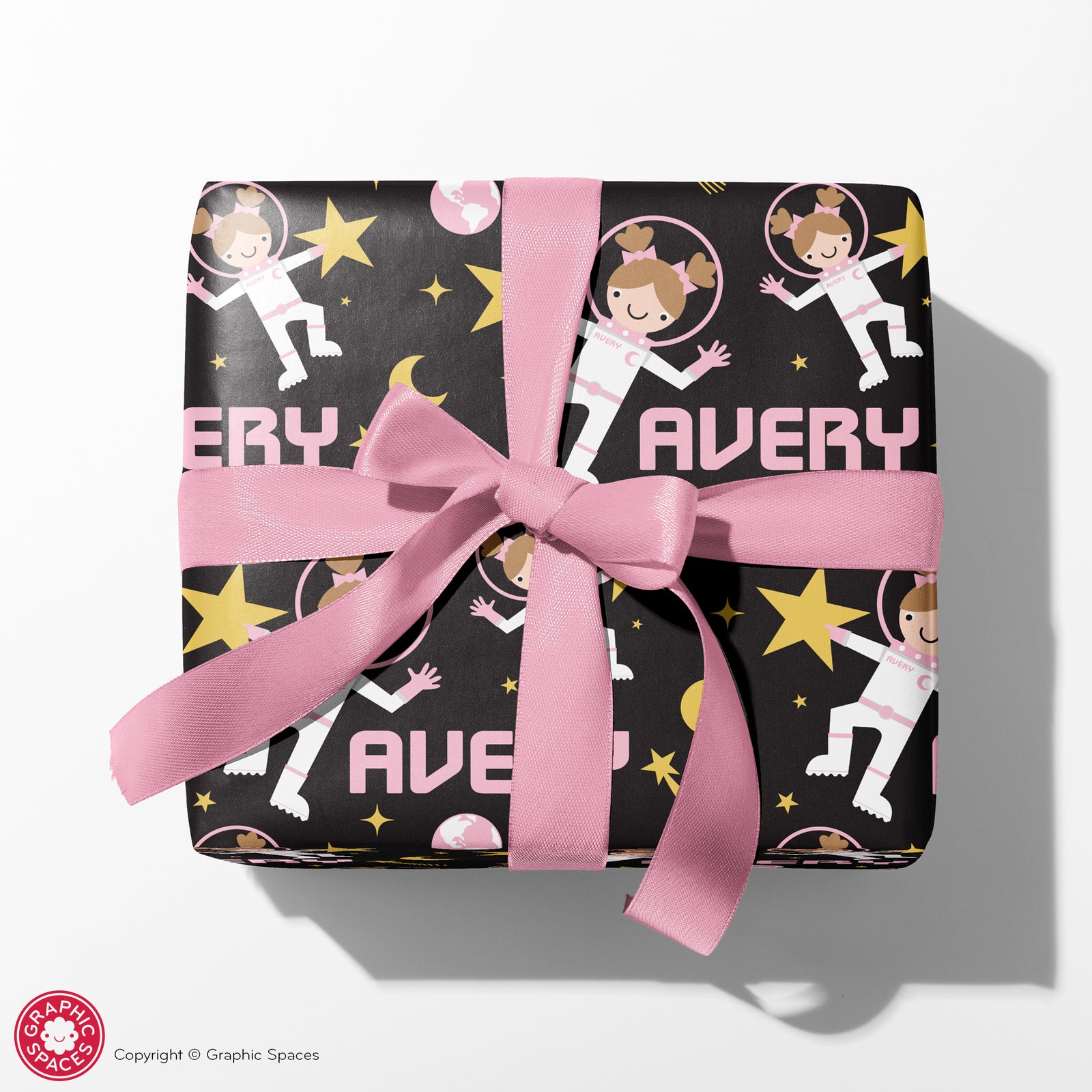 Kids Wrapping Paper - Astronaut Birthday (Personalized, Girl, Pink) - Graphic Spaces