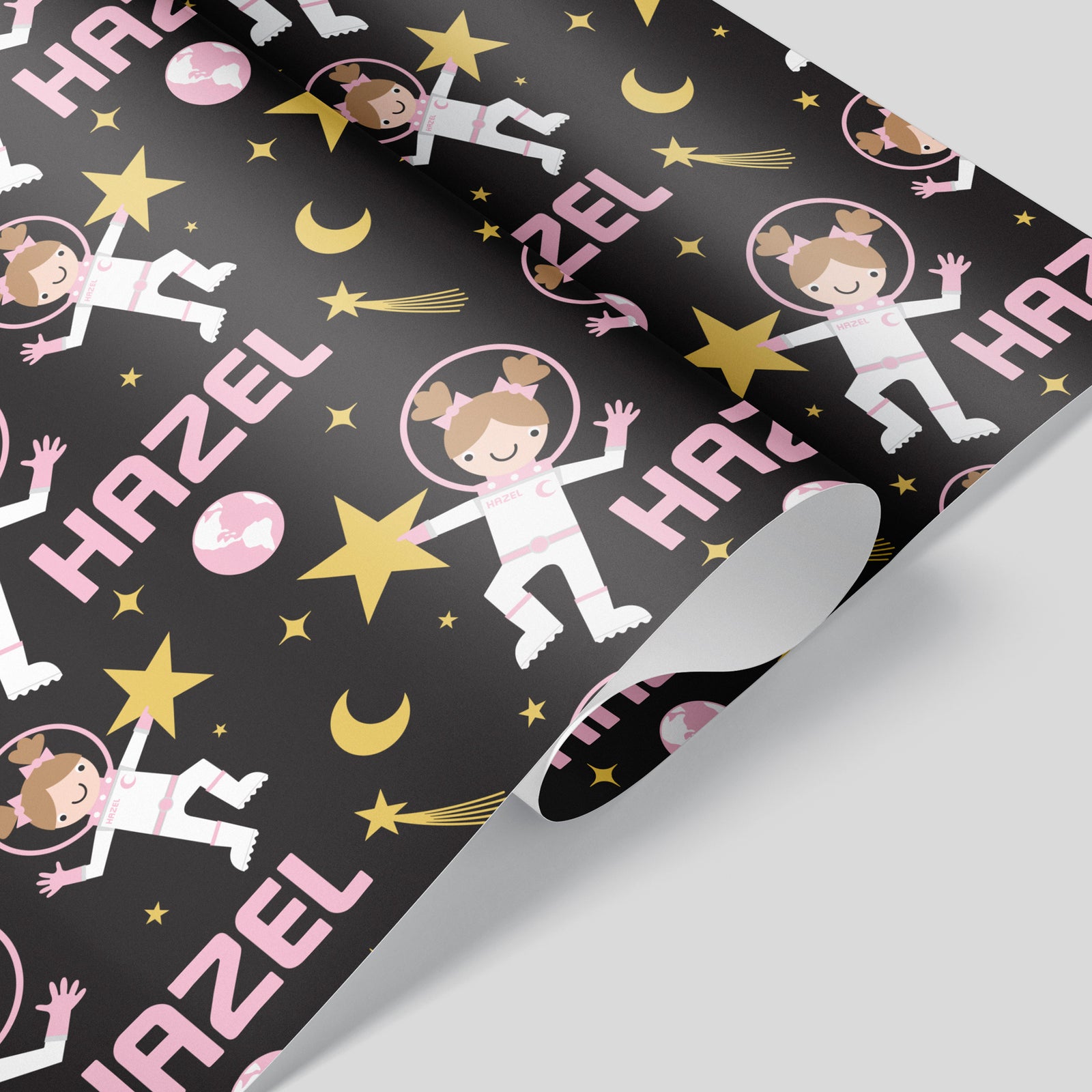 Kids Wrapping Paper - Astronaut Birthday (Personalized, Girl, Pink) - Graphic Spaces