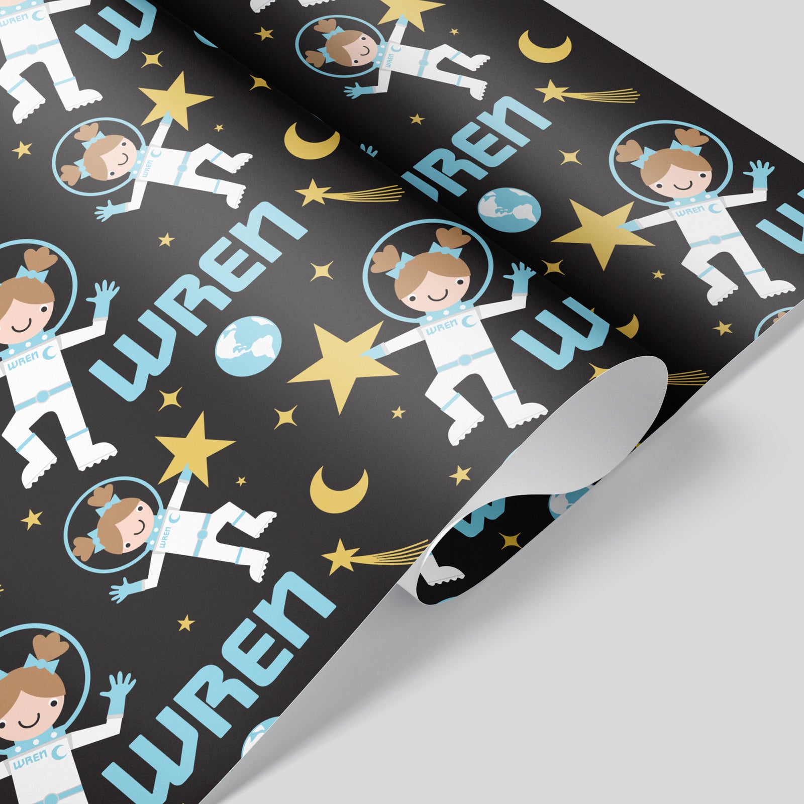 Kids Wrapping Paper - Astronaut Birthday (Personalized, Girl, Blue) - Graphic Spaces