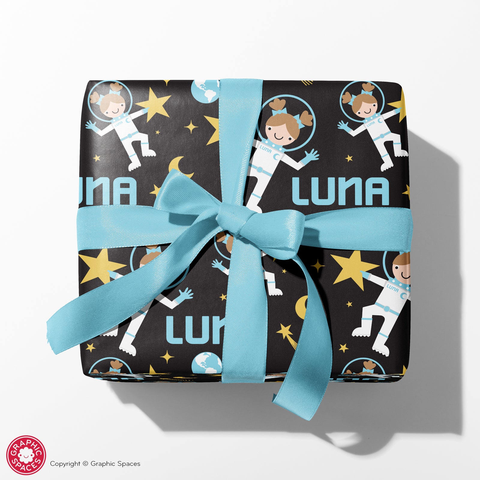Kids Wrapping Paper - Astronaut Birthday (Personalized, Girl, Blue) - Graphic Spaces