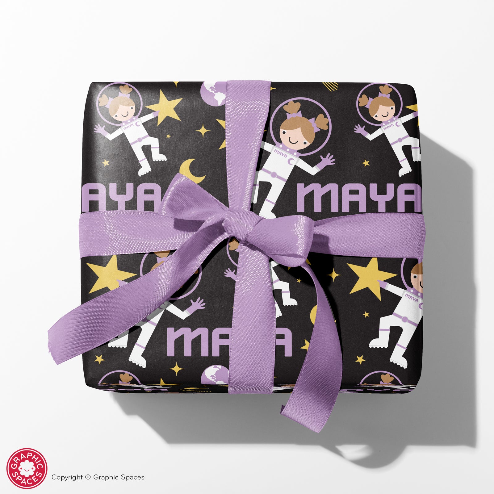 Kids Wrapping Paper - Astronaut Birthday (Personalized, Girl, Purple) - Graphic Spaces
