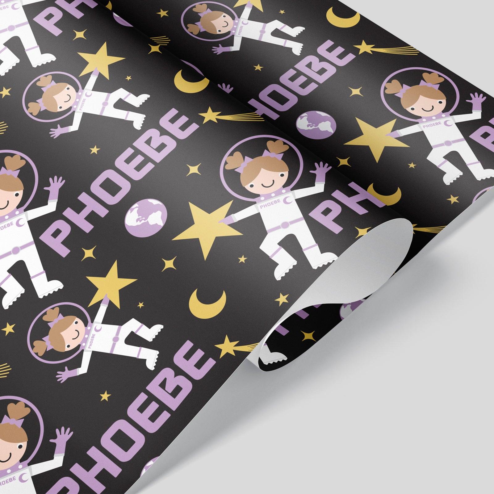 Kids Wrapping Paper - Astronaut Birthday (Personalized, Girl, Purple) - Graphic Spaces
